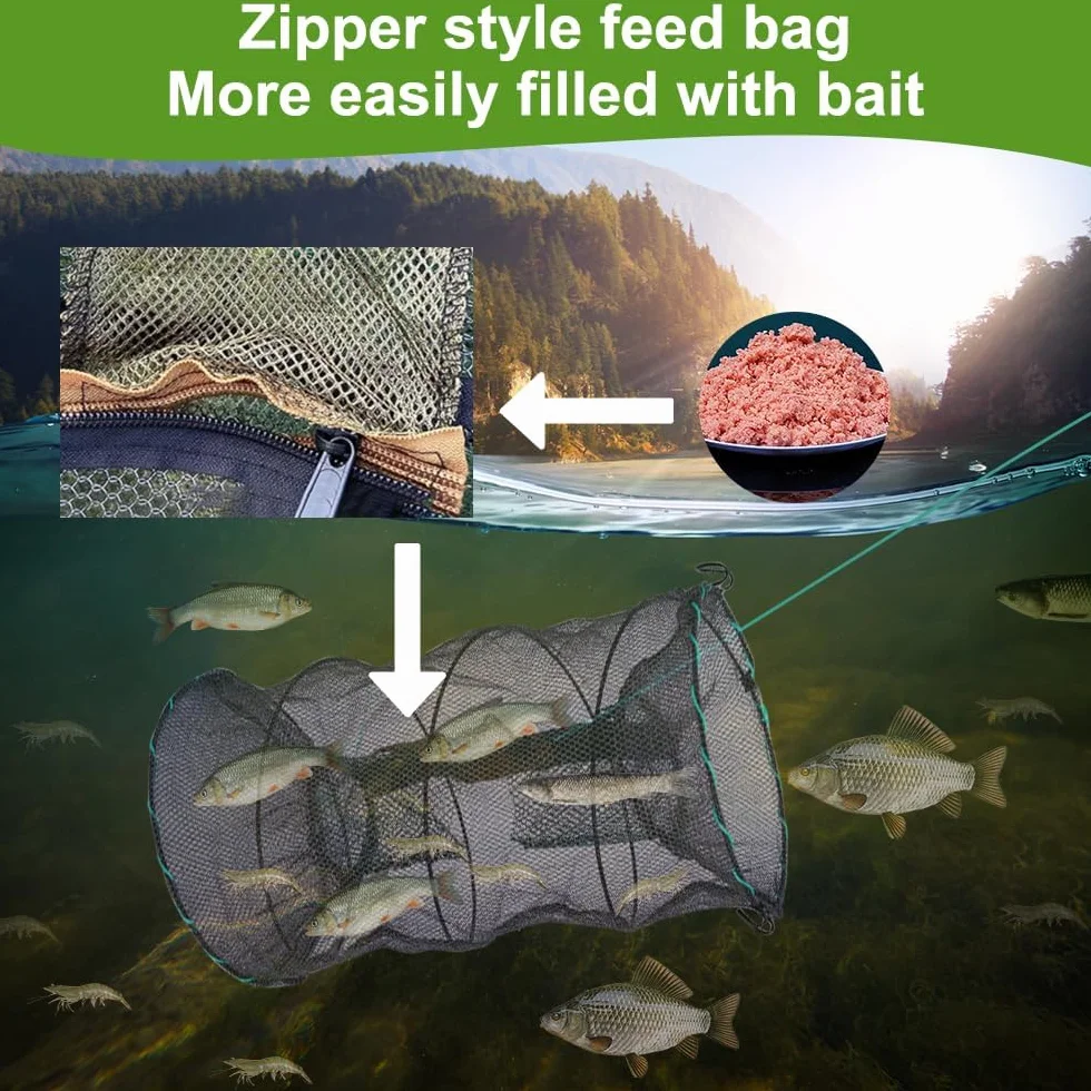 Trampa de Cebo de Pesca Plegable, 3PCS Red para Langostas Trampa para Peces, Red de Pesca Portátil Nailon, Malla Cesta de Camarones Pesca 30*60cm para Gambas, Cangrejos, Pececillos, Langostas