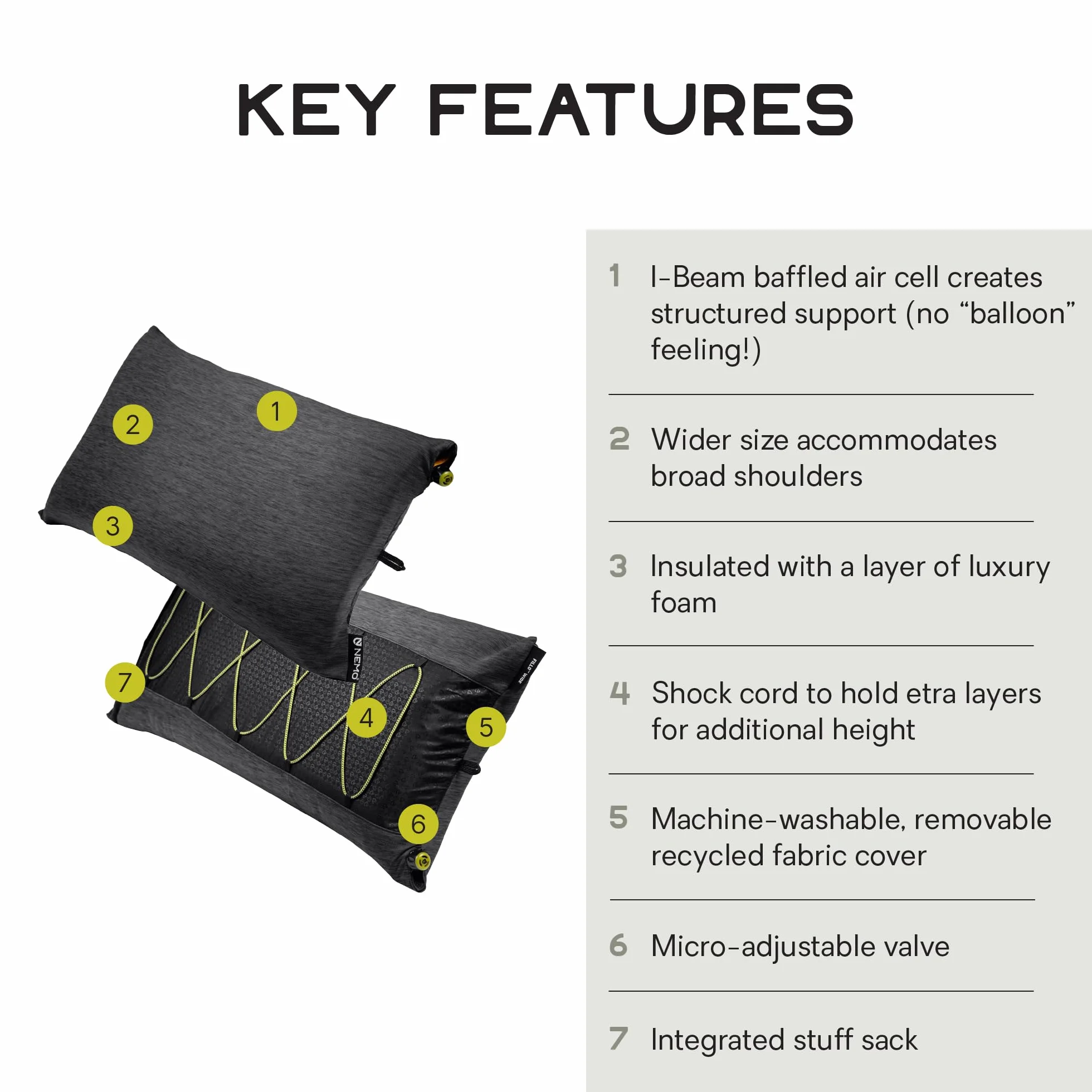 NEMO Equipment Fillo - Almohada ancha para camping, color perla negra/brote de abedul, talla única