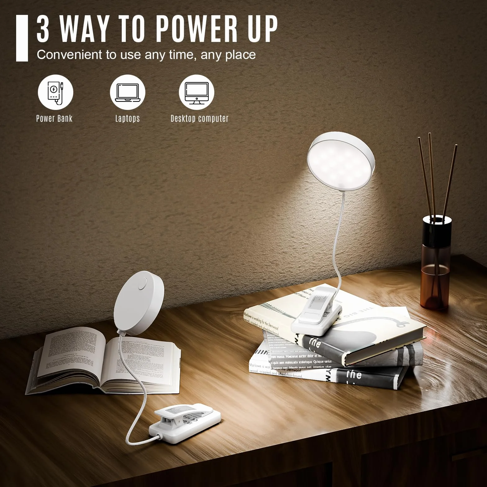 LQWELL 31 LED Luz de Lectura Recargable USB, 3 Temperaturas de Color, Atenuación Continua, Ángulo Flexible 360° Blanco