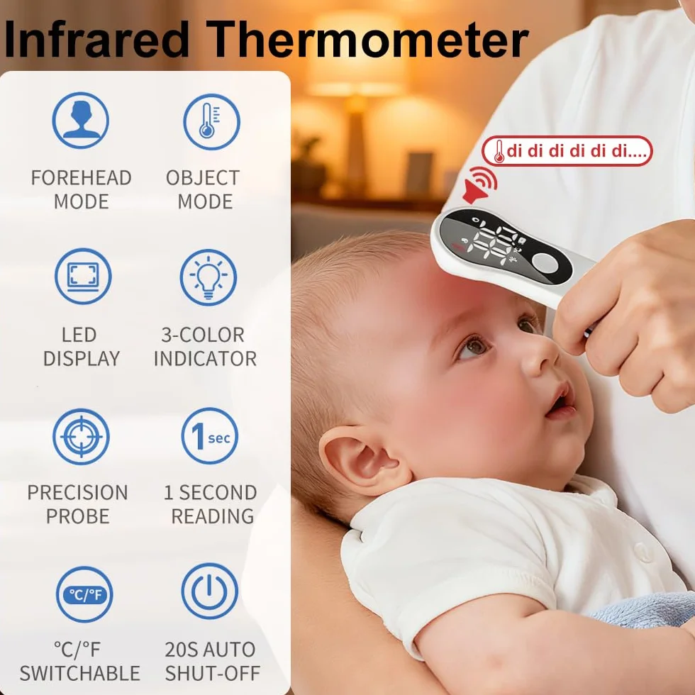 Termómetro Digital Infrarrojo Sin Contacto para Bebés Niños y Adultos con Alarma de Fiebre
