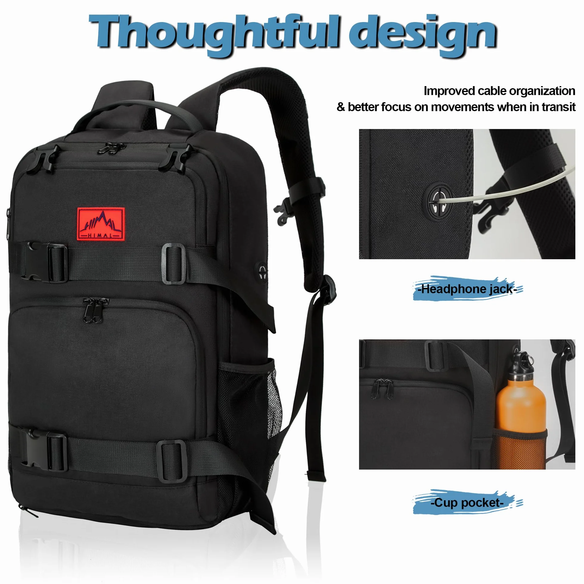 GoHimal Mochila para monopatín, mochila para portátil, Negro