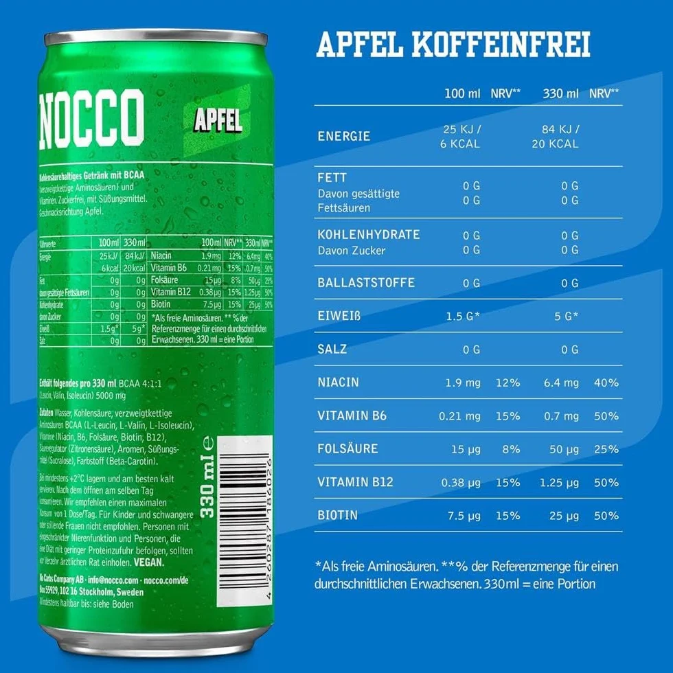 NOCCO BCAA Bebida Energética 180mg Cafeína 3000mg BCAA Sin Azúcar Sin Carbohidratos Vitaminas 24 x 330ml Manzana