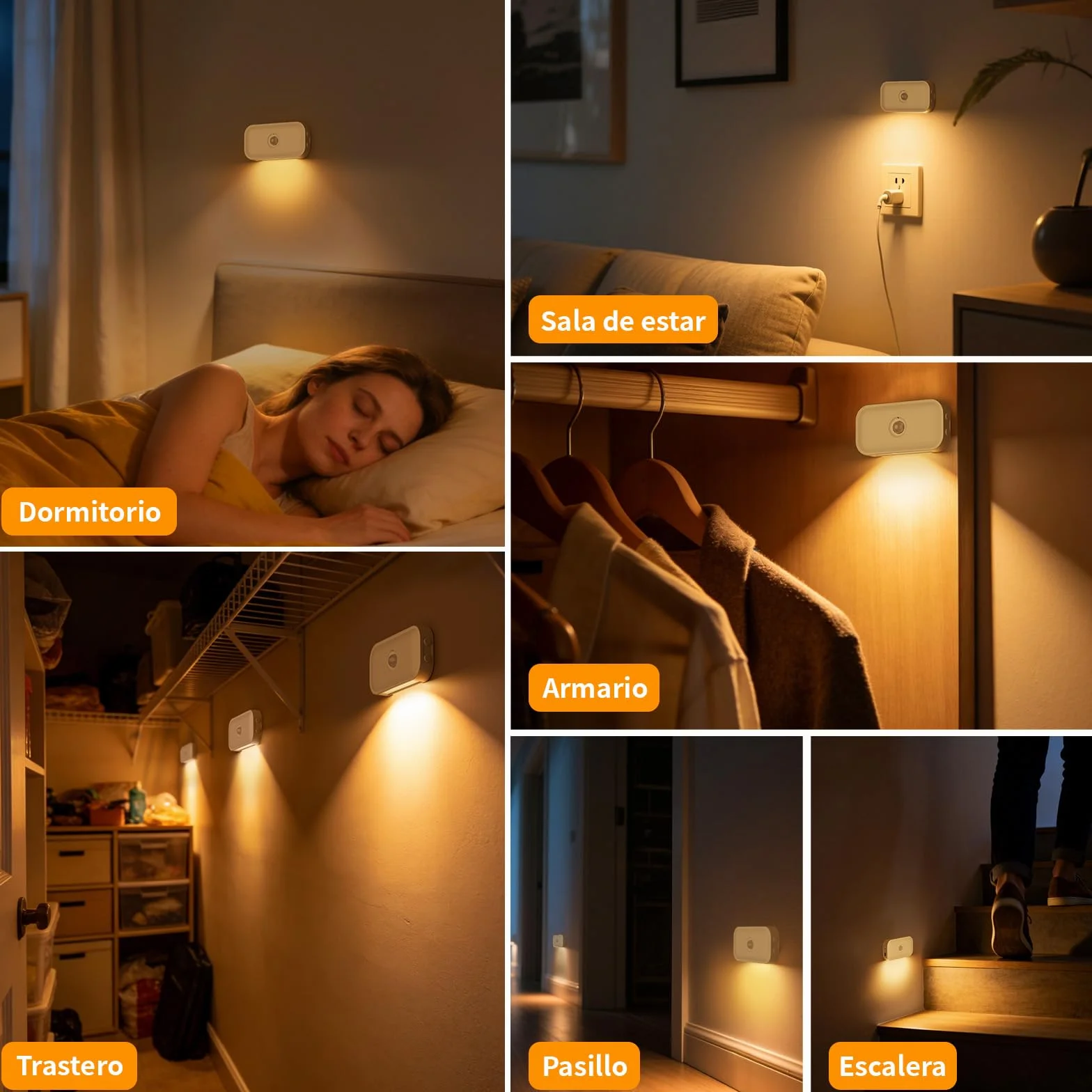 Luz Nocturna con Sensor de Movimiento Recargable 4 Piezas Blanco Cálido 3 Modos Auto Off Night Brillo Ajustable para Niños Pasillo Escaleras Dormitorio