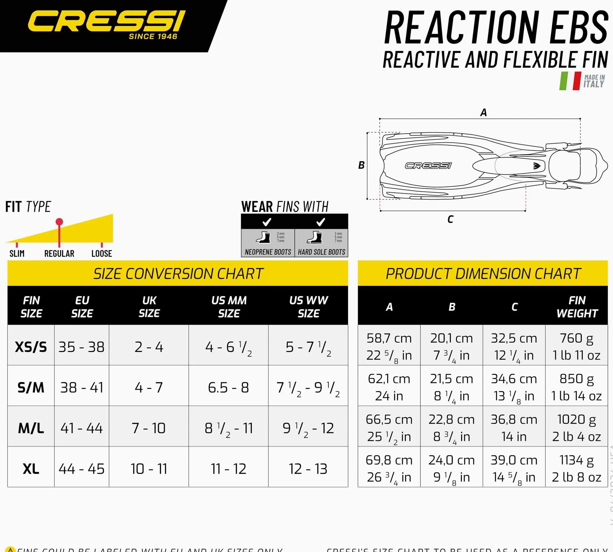 Cressi reacción EBS, potente talón abierto Buceo Aletas (fabricado en Italia), negro/plata