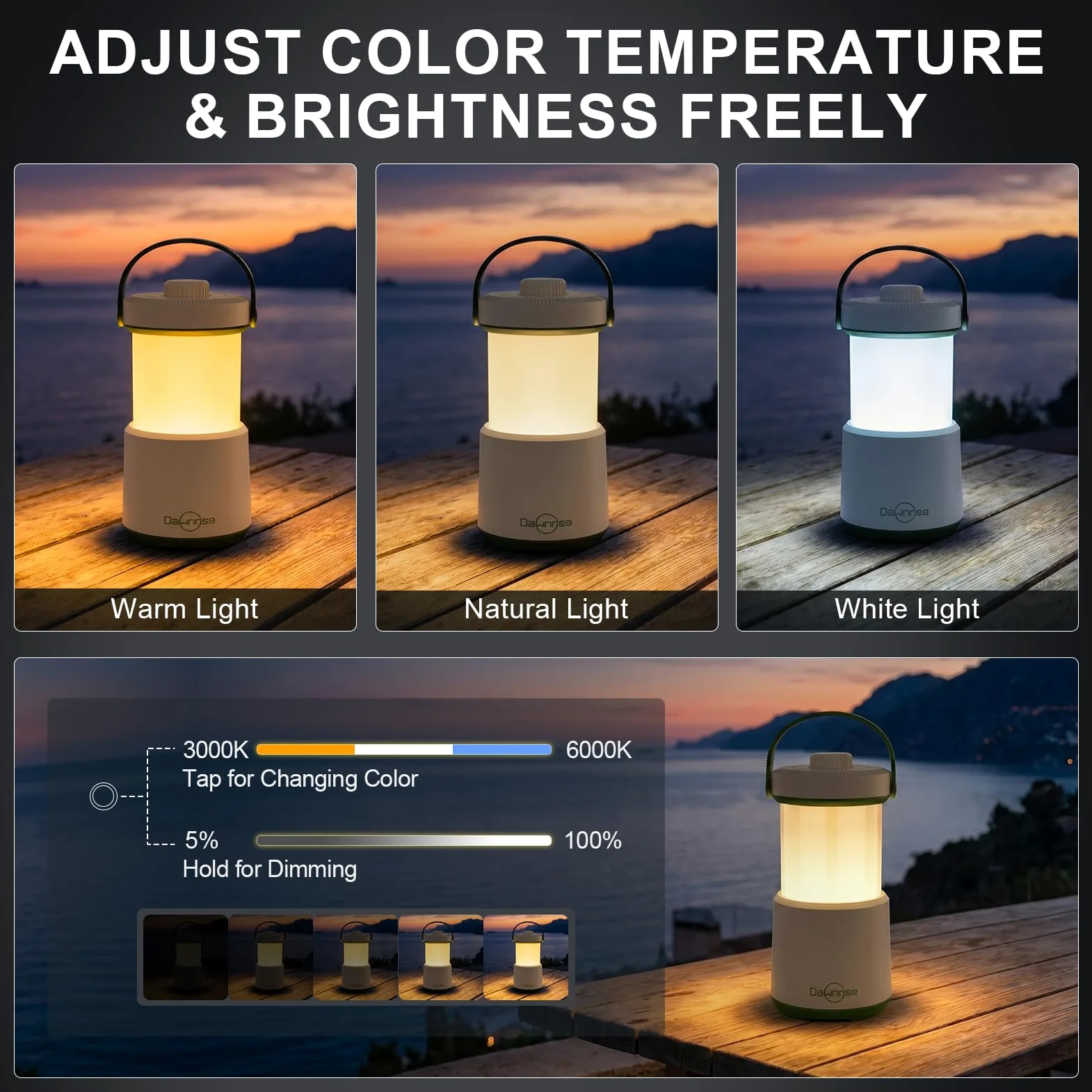 Dawnrise 2 faroles LED recargables para camping, luz 5 en 1 con 750 lúmenes, linterna portátil con luz roja, luz de emergencia IPX4 para huracán, cortes de energía, hogar, senderismo
