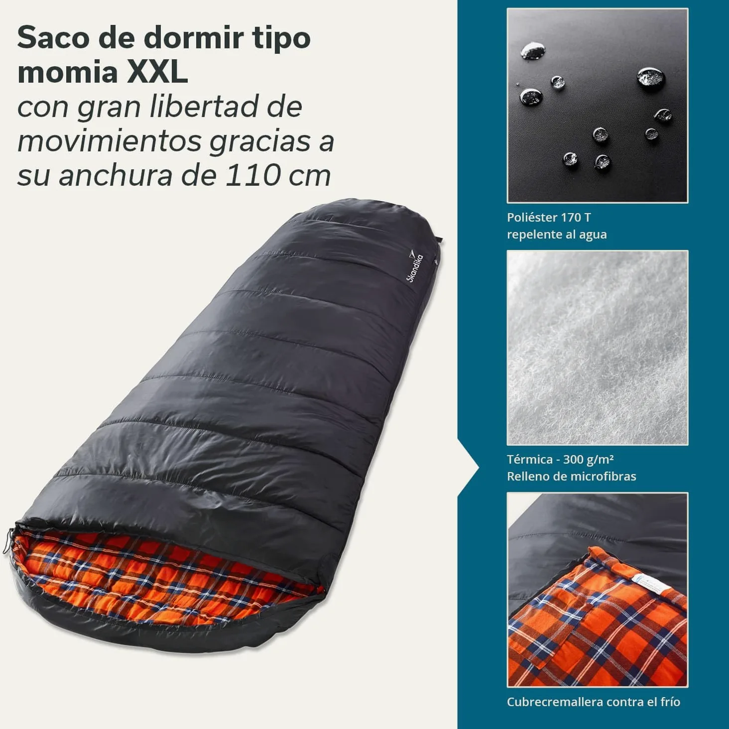 Skandika Saco de dormir Vegas franela | XXL de saco de dormir momia | Sleeping Pod | 220 x 110 cm, ranura para de cremallera, franela de lujo Forro | acoplable (Negro)