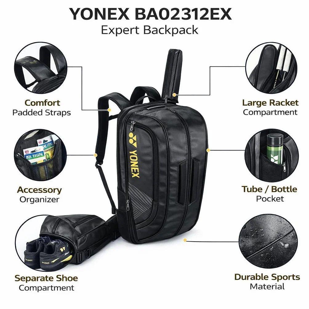 YONEX BA02312EX Expert - Mochila de piel para bádminton/tenis/squash, capacidad para 3 raquetas, con compartimento para zapatos.