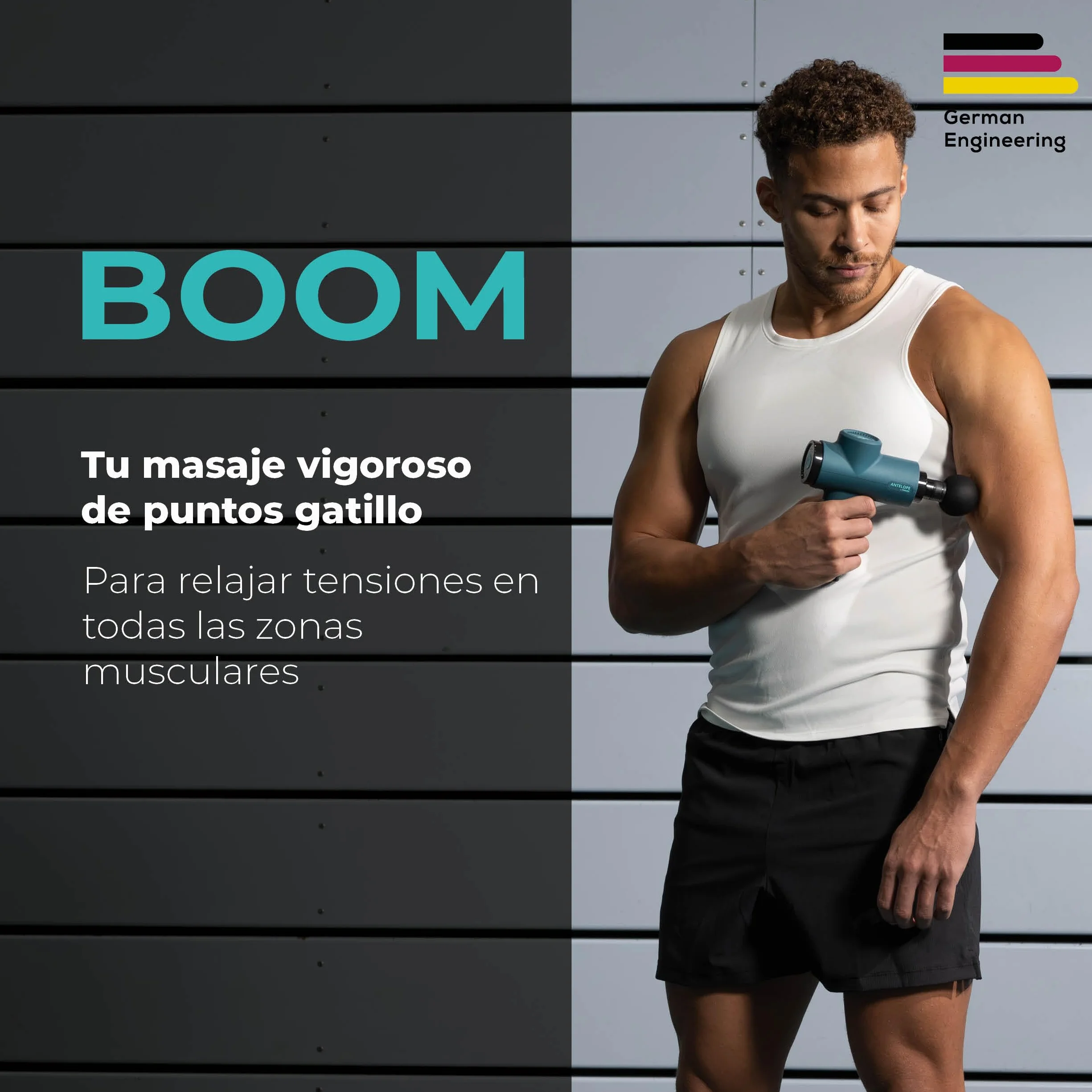 Beurer BOOM Pistola de masaje muscular, Massage Gun compacta, 4 accesorios, 5 niveles de intensidad, batería