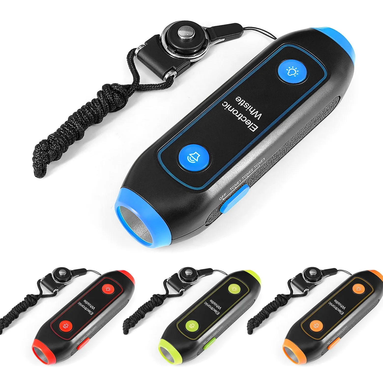 Eujgoov Silbato de árbitro Electrónico 3 Tonos Ajustables Silbato sin Contacto de 120 DB con Linterna LED y Luz Estroboscópica SOS para Emergencias Deportivas Al Aire Libre