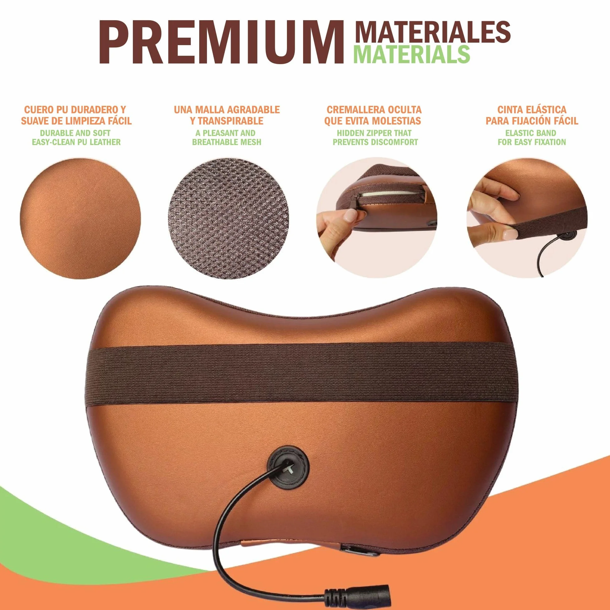 Masajeador Cervical y Espalda Cojín Eléctrico con Calor Funda Extra Marrón Almohada Shiatsu 8 Rodillos