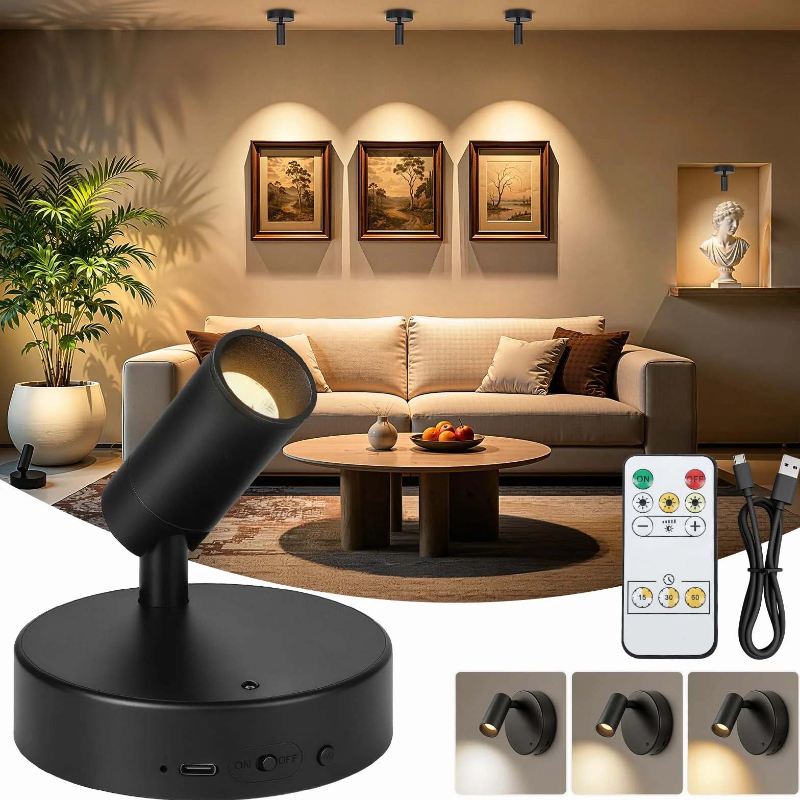 Ketom Aplique Pared LED Recargable Regulable, 3 Temperaturas de Color, Control Remoto, Giratorio, Negro