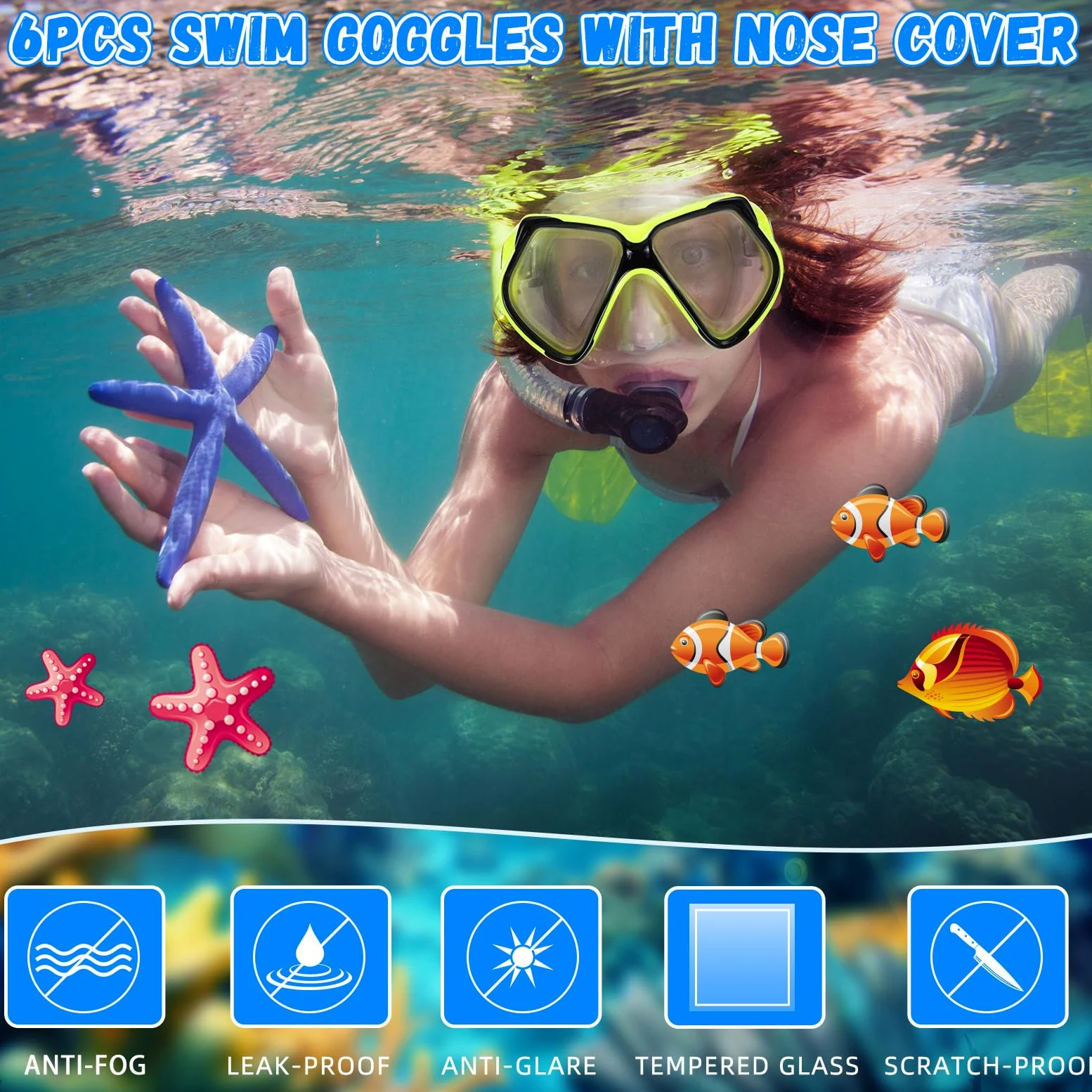 Flutesan 6 gafas de natación con cubierta de nariz para adultos, gafas de piscina, natación, buceo, gafas de natación