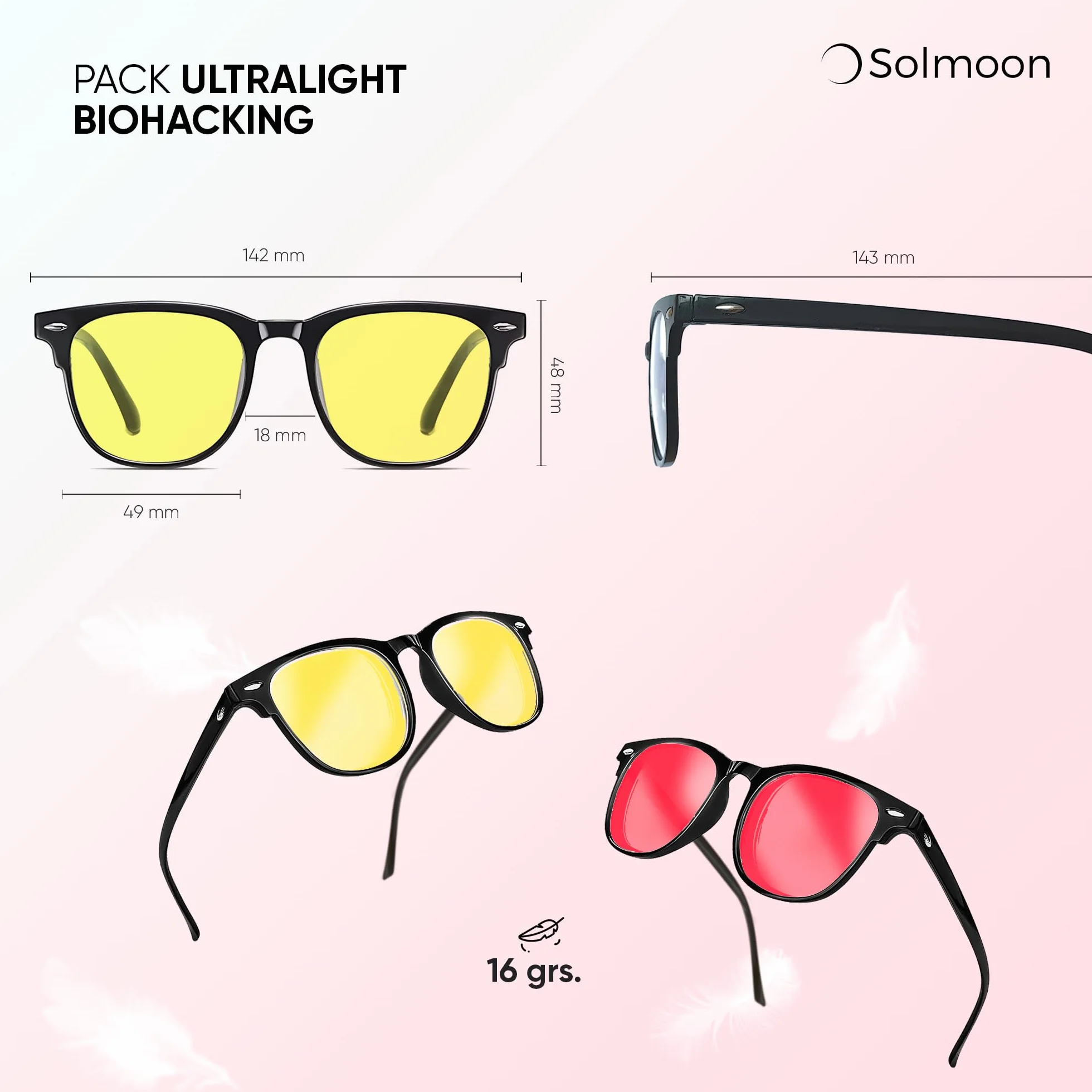 Solmoon Gafas Luz Azul Set 2 Gafas Focus Amarilla Sleep Roja Sistema Circadiano 24H Lentes Tritan™ BPA Free Circalens™
