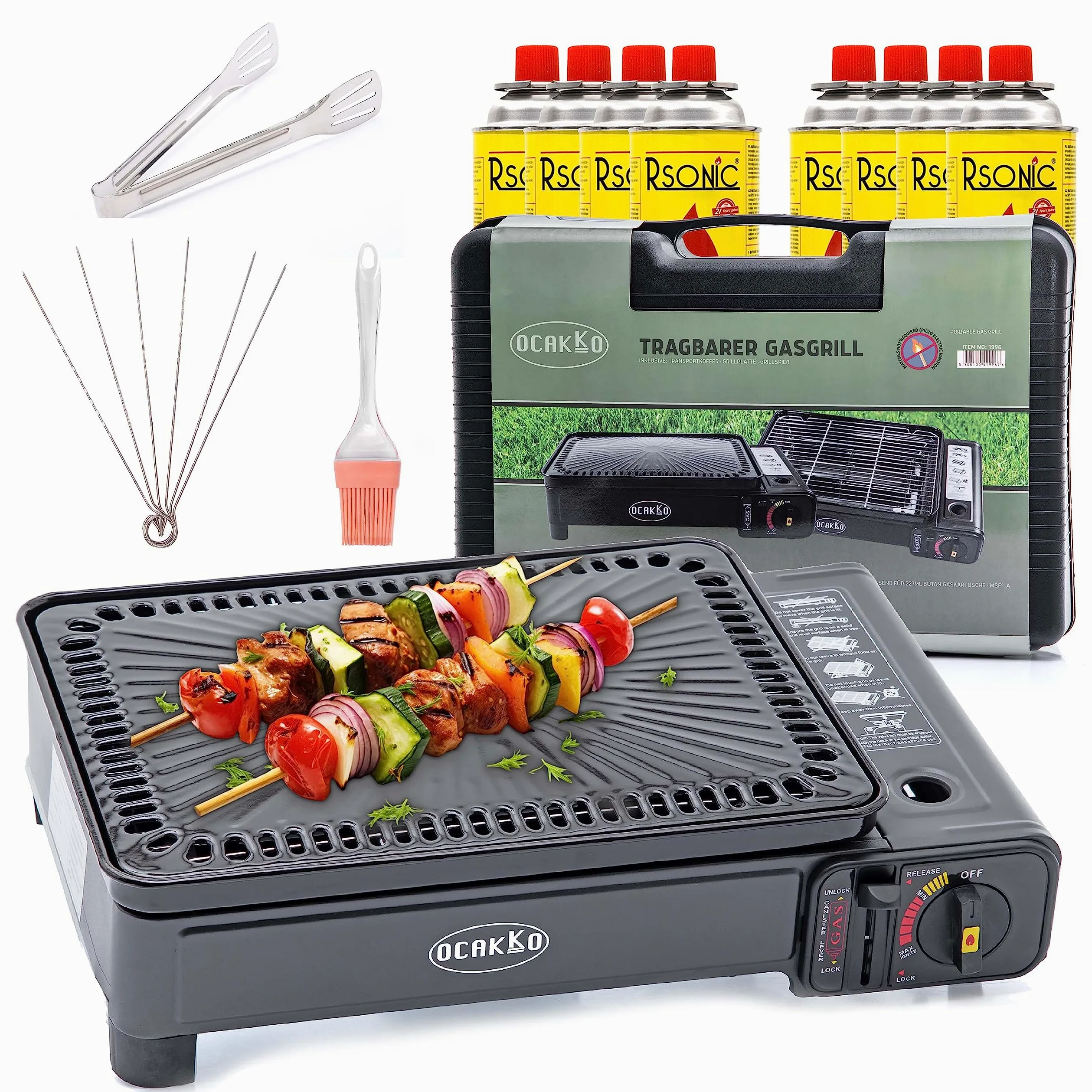 XXL Cocina Camping Cocina Gas Portable Cocina de Gas RS-4030 Parrilla de Gas Mechero de Gas - Negro - hervidor con 8 Cartuchos