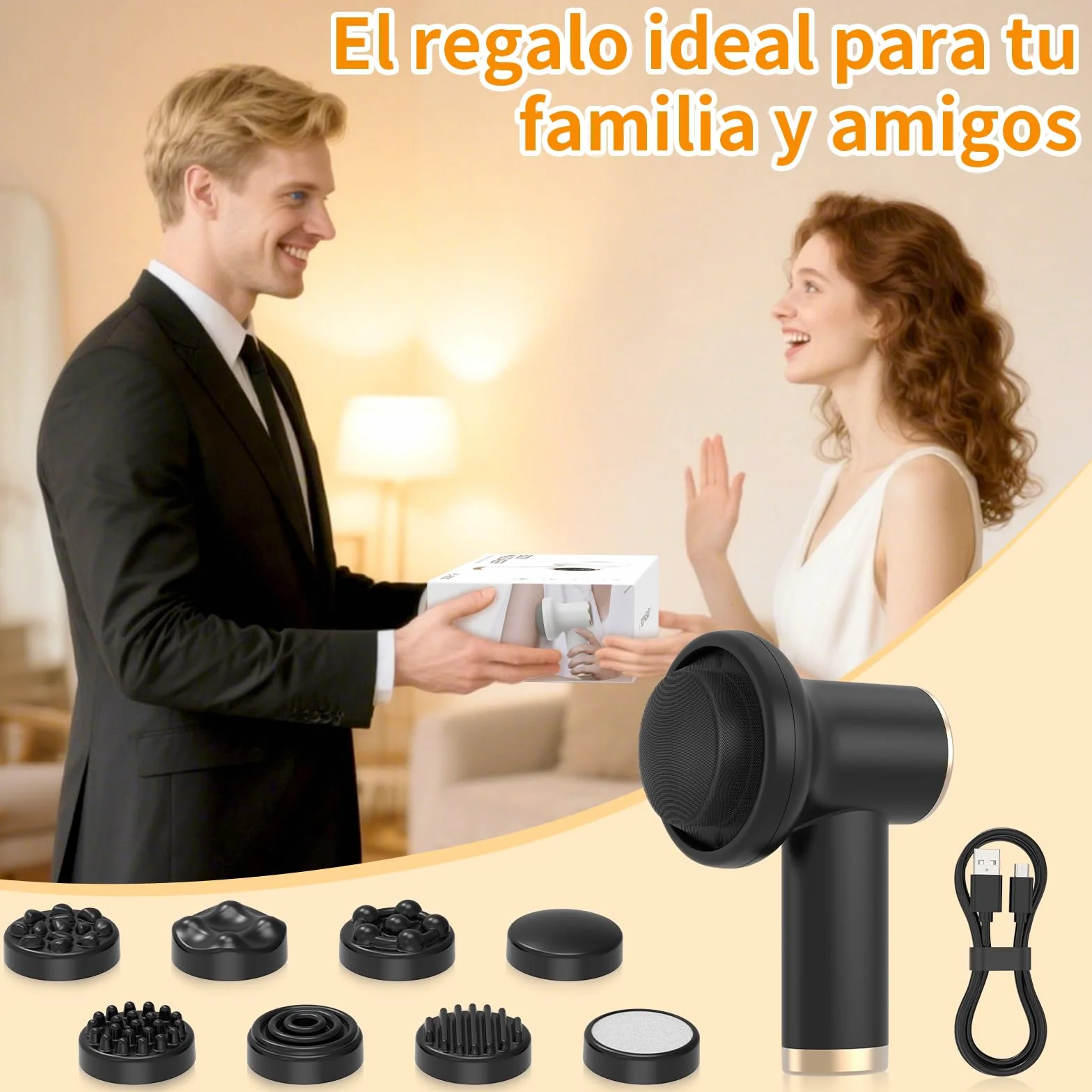 Masajeador Reductor y Anticelulítico Eléctrico, 9 Velocidades, Batería Larga Duración, 8 Cabezales, Negro