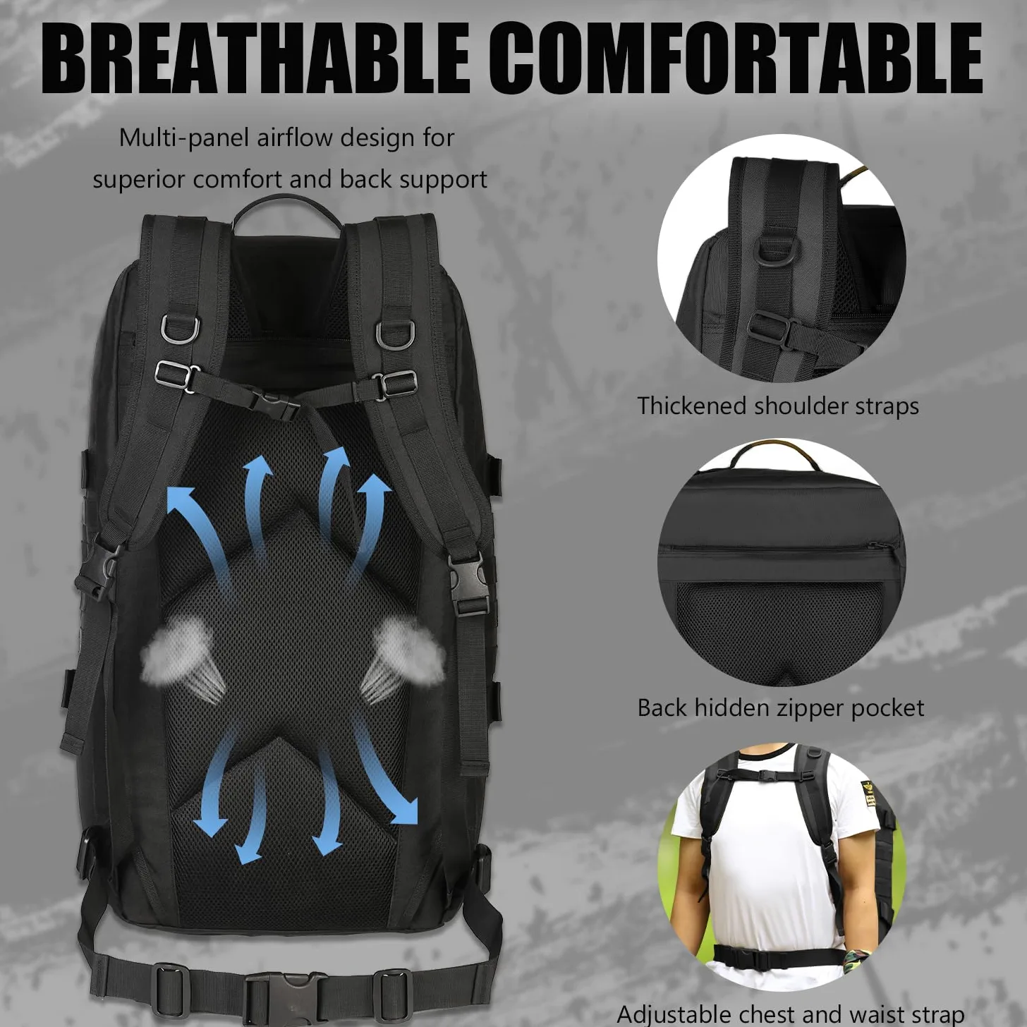 mochila táctica de viaje 60 L militar Molle bolsa de equipaje Maleta senderismo camping al aire libre mochila (cubierta y parche incluidos), negro