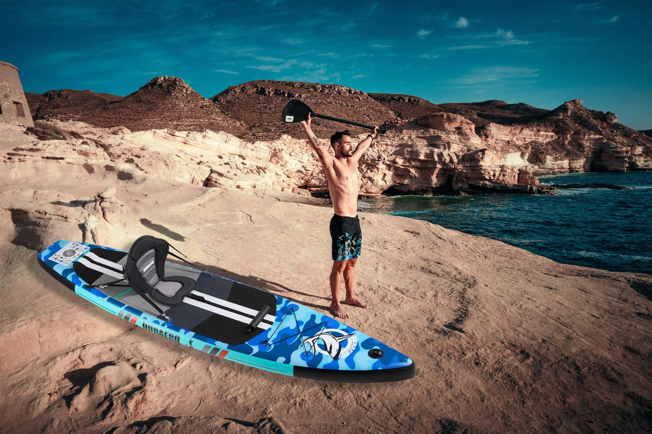 Tabla Hinchable de Paddle Surf con Asiento de Kayak, 330 x 76 x 15 cm, hasta 150 kg, Almohadilla Integrada, Aleta Desmontable, Doble Remo Ajustable, Kit de Reparación, Camuflaje Azul