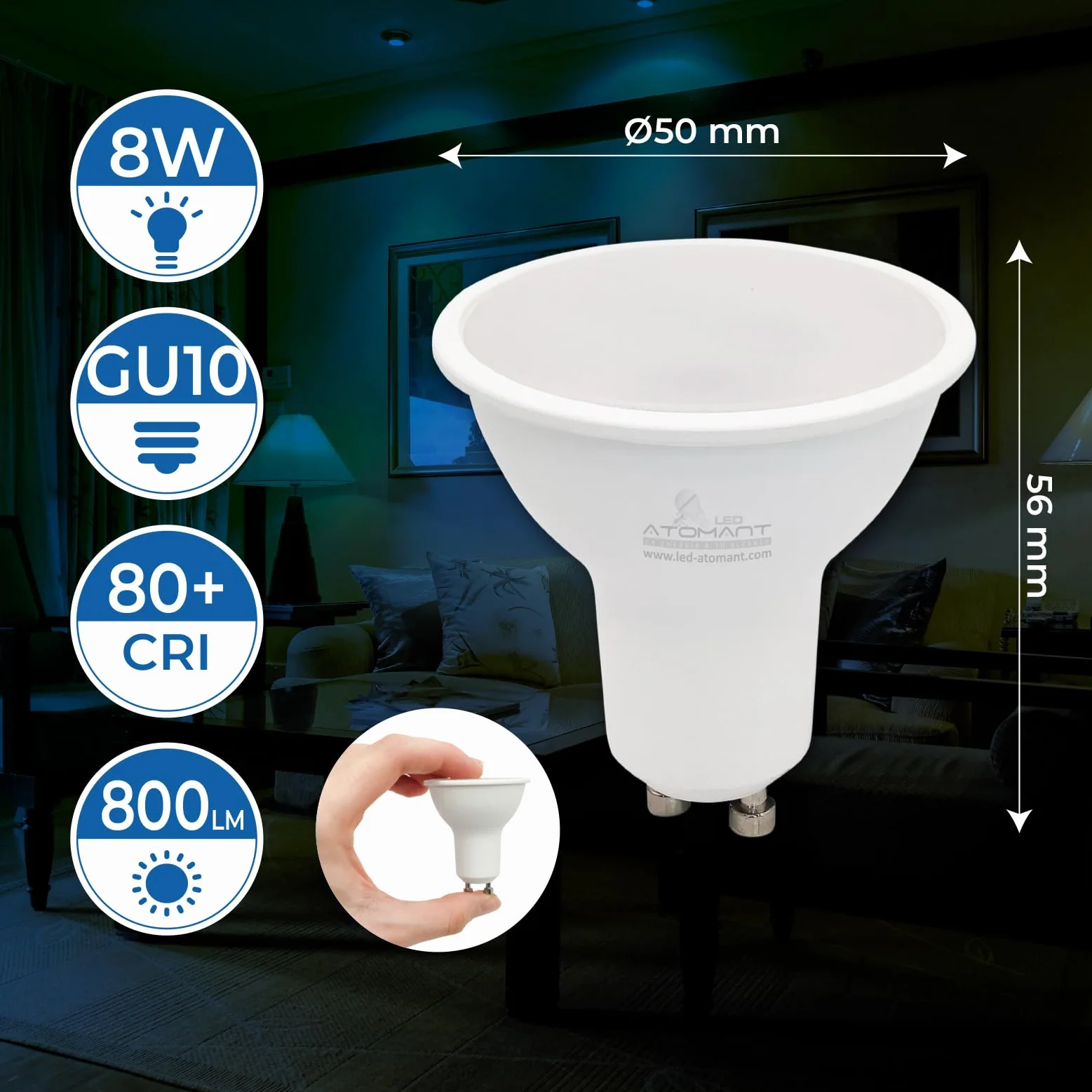LED ATOMANT Pack 20 Bombilla GU10 8W Blanco Frio 6500K 800 Lumenes