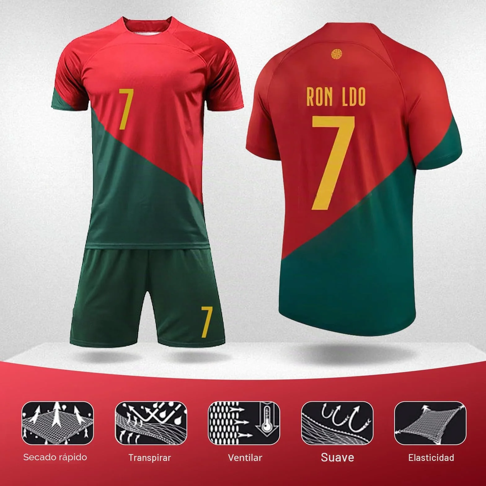 Ronronner Conjunto de fútbol para niños, con camiseta, pantalones cortos y calcetines, camiseta roja de jersey de manga corta con el nro. 7, para adultos y niños