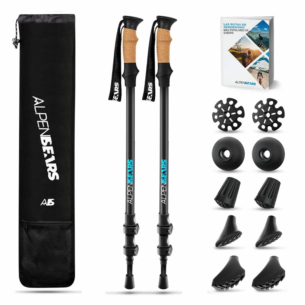 Bastones de Senderismo y Bastones de Marcha nórdica – Bastones de Senderismo telescópicos con Juego de topes de Goma – Bastones de Trekking para Hombre y Mujer – Extra Ligero y Ajustable con Mango de