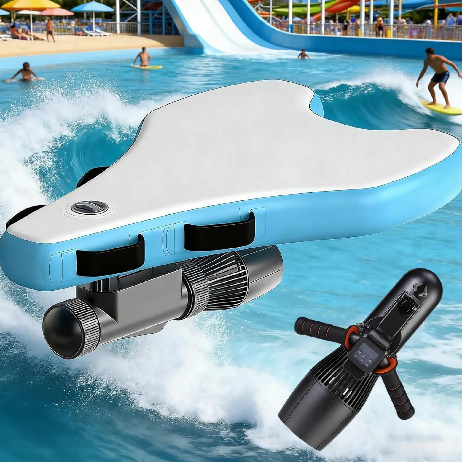 Tabla de surf eléctrica con motor de 500 W, 3-7 km/h, funcionamiento de modo dual, diseño de bodyboard inflable, resistente al agua salada, para principiantes y expertos
