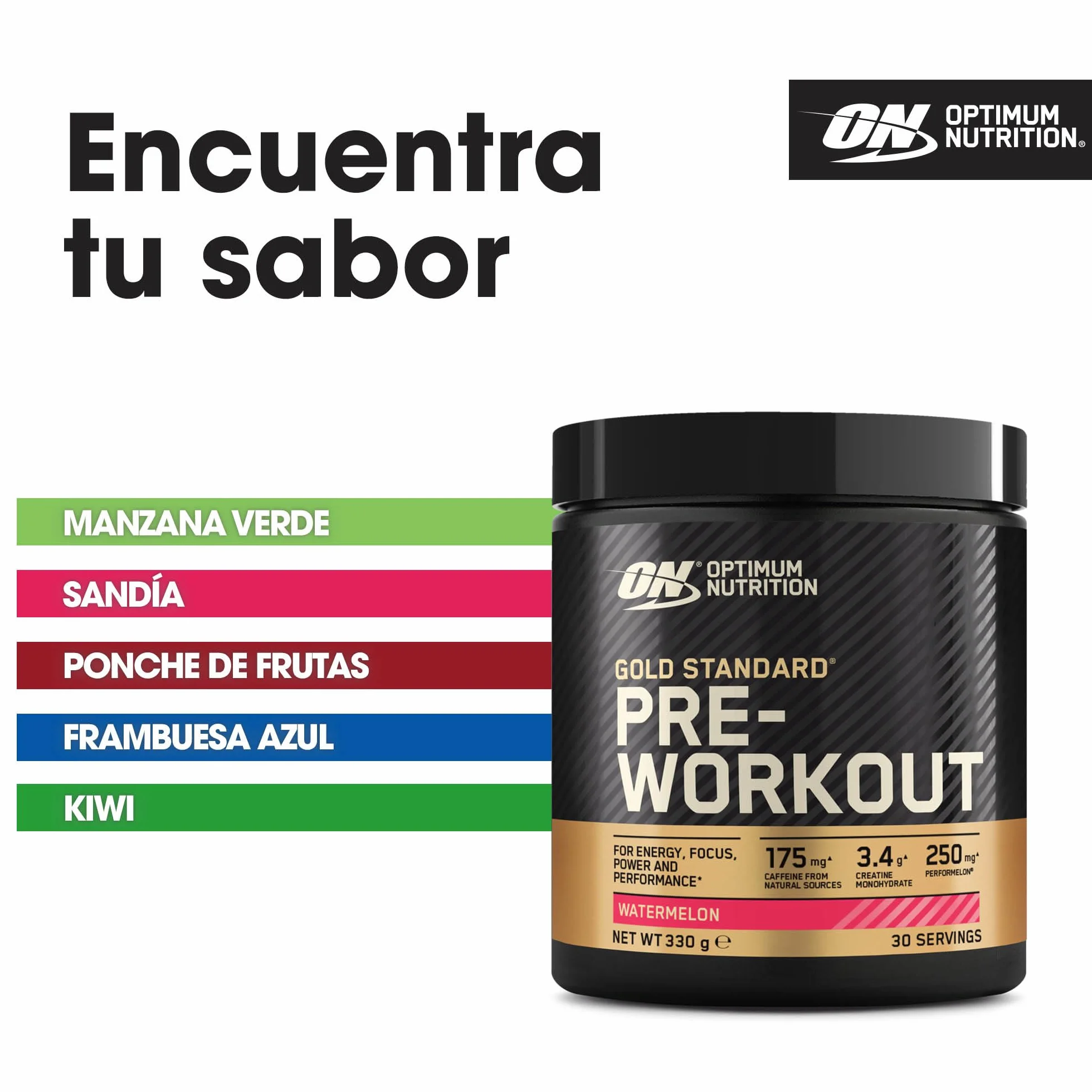 Optimum Nutrition Gold Standard Pre-Entreno en Polvo, Sandía, 330g, 30 Servicios
