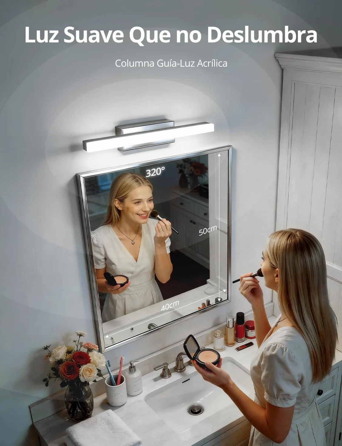 Yafido Aplique Espejo de Baño 40CM LED 9W Cromo IP44 6000K 230V Luz Maquillaje