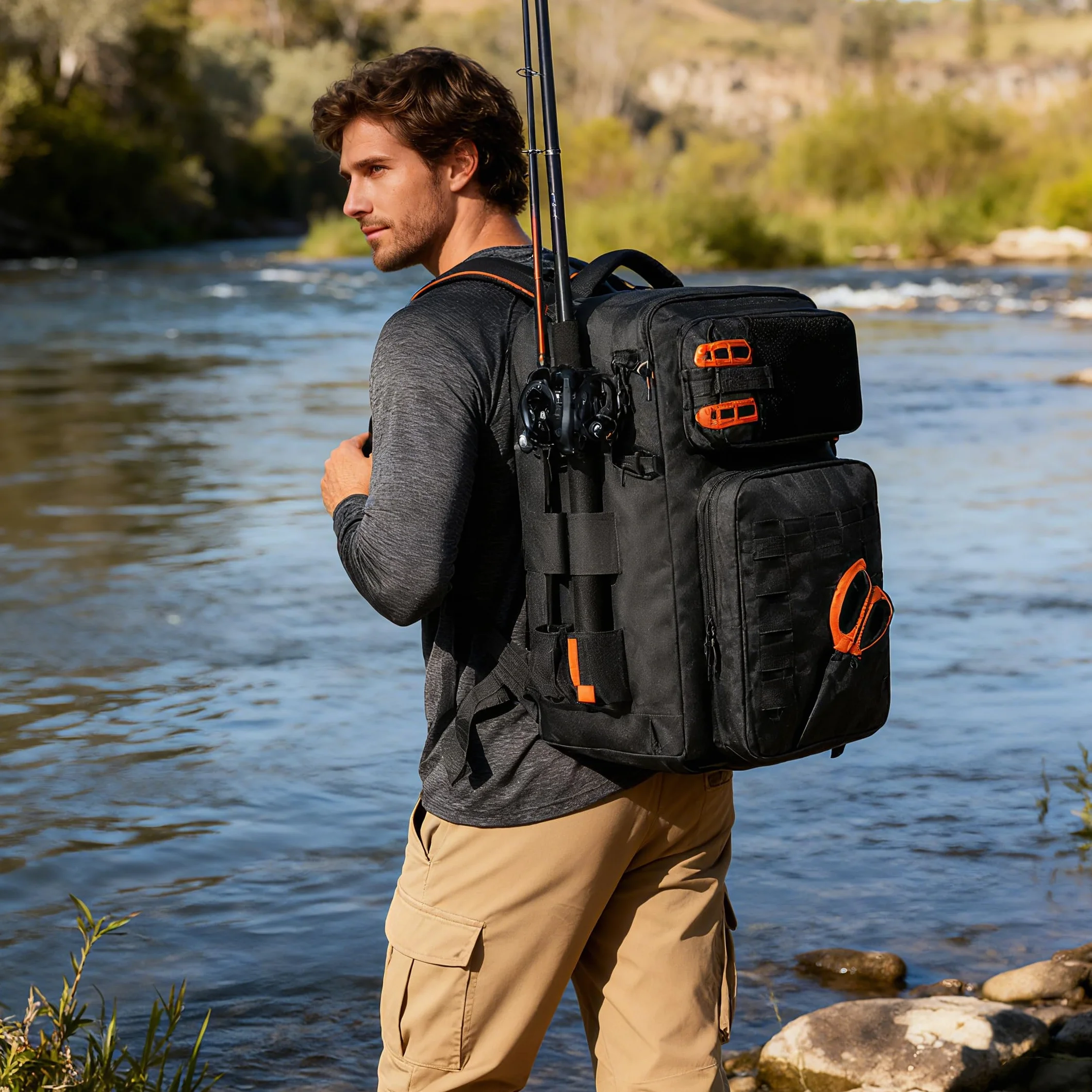WEFLIER Mochilas de Pesca, Bolsos de Equipos de Con Accesorios de Pesca Con Palos de, Bolsos de Viaje Con Bolsas de Almacenamiento 48l, Caza de Campamento, Camping, Trekking, Negro