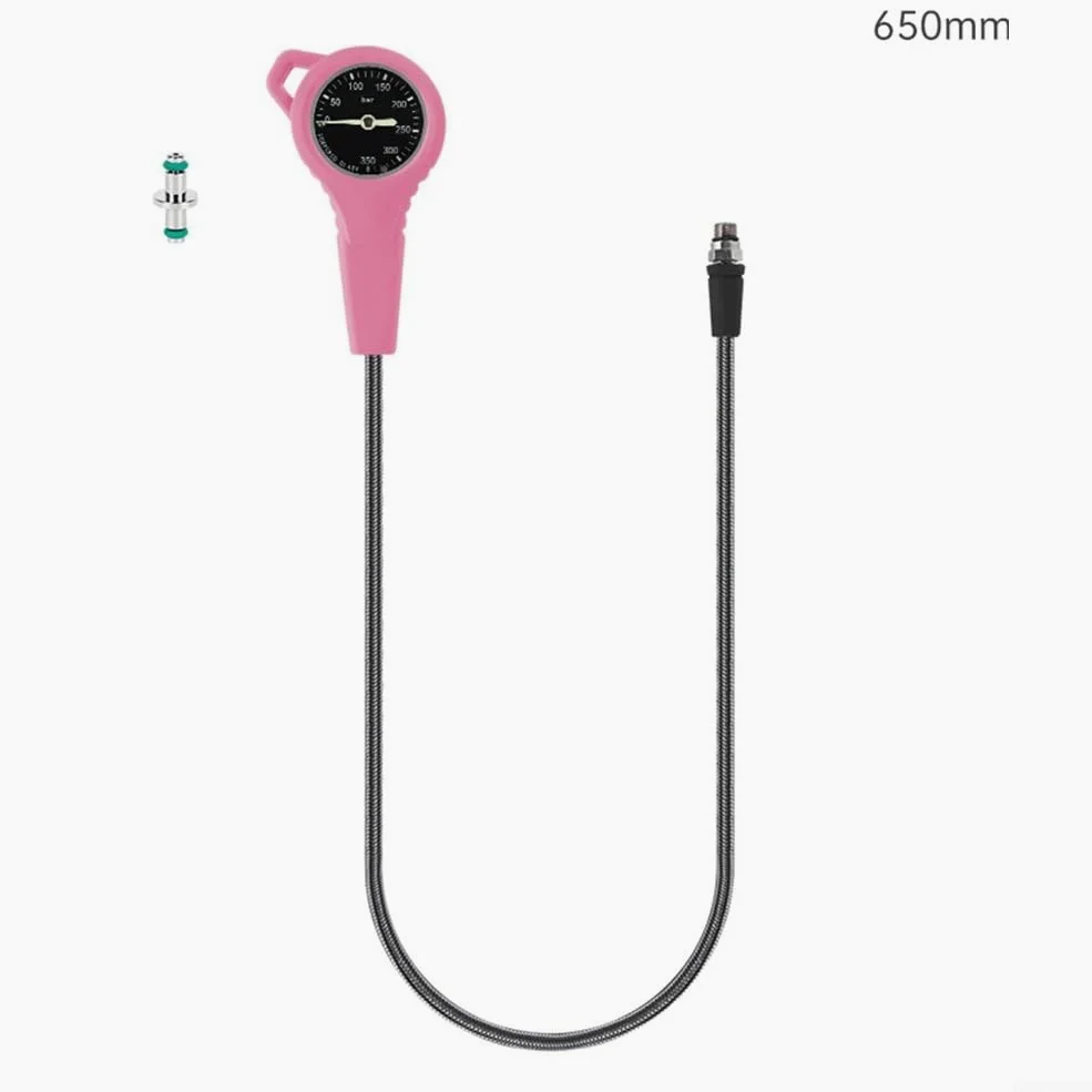 Medidor de presión de buceo con manguera tejida de fibra de carbono (rosa) | Rosca 7/16-20UNF, luminosa para esfera para agua oscura, rotación de 360 grados, alta estabilidad de hasta 300 bares