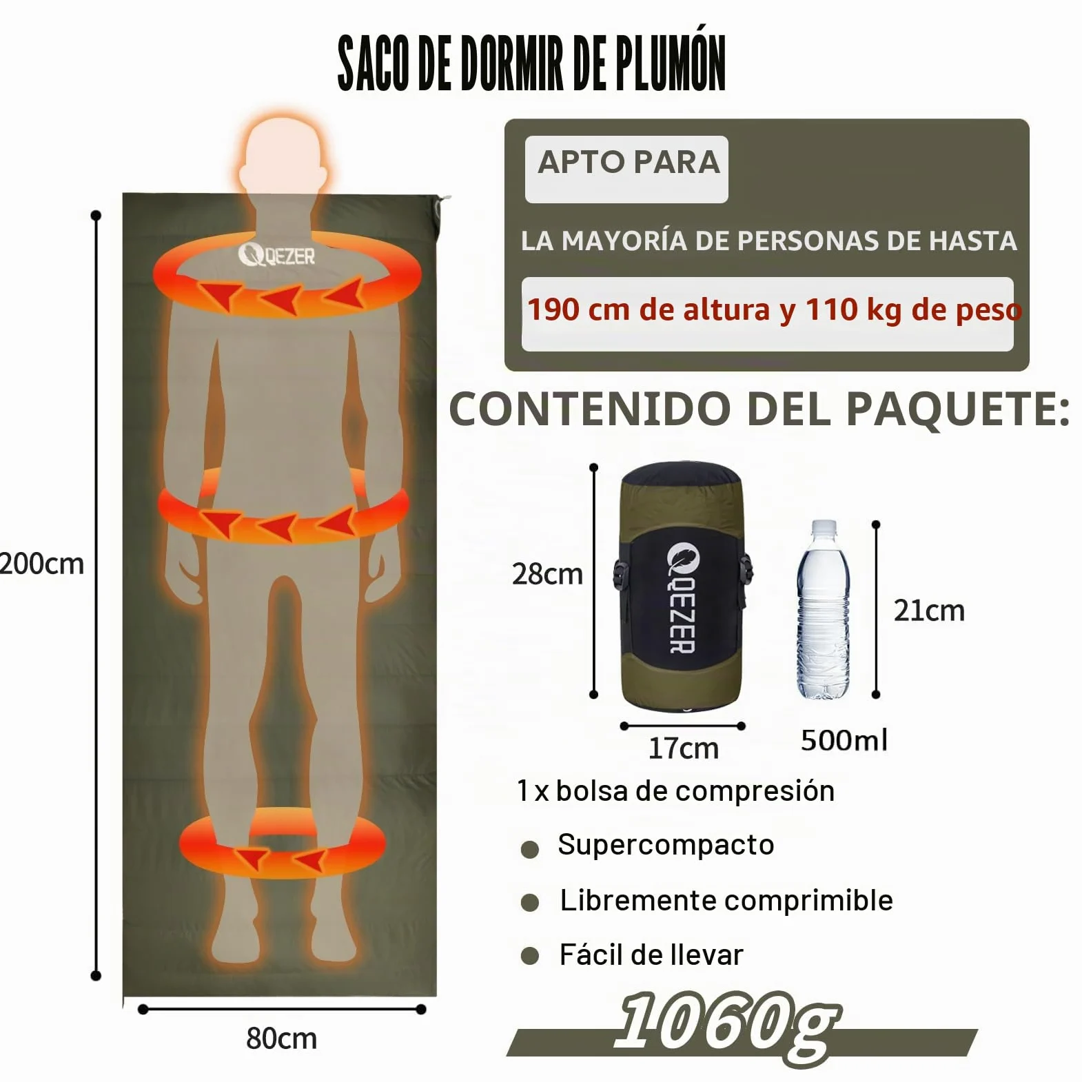 [Plumón] Saco De Dormir Adulto Multifuncional [ 4℃~12℃,1.06 kg ] Ultraligero Sleeping Bag, Camping y Senderismo, 3~4 Estaciones, Compacto y Lmpermeable