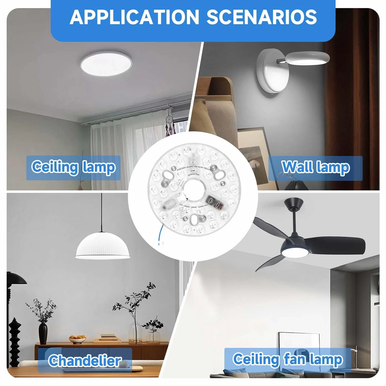 Kit Recambio Luz LED 15W 3000/4200/6500K 85-265V Ventilador Techo 5.3 Panel Redondo Base Aluminio
