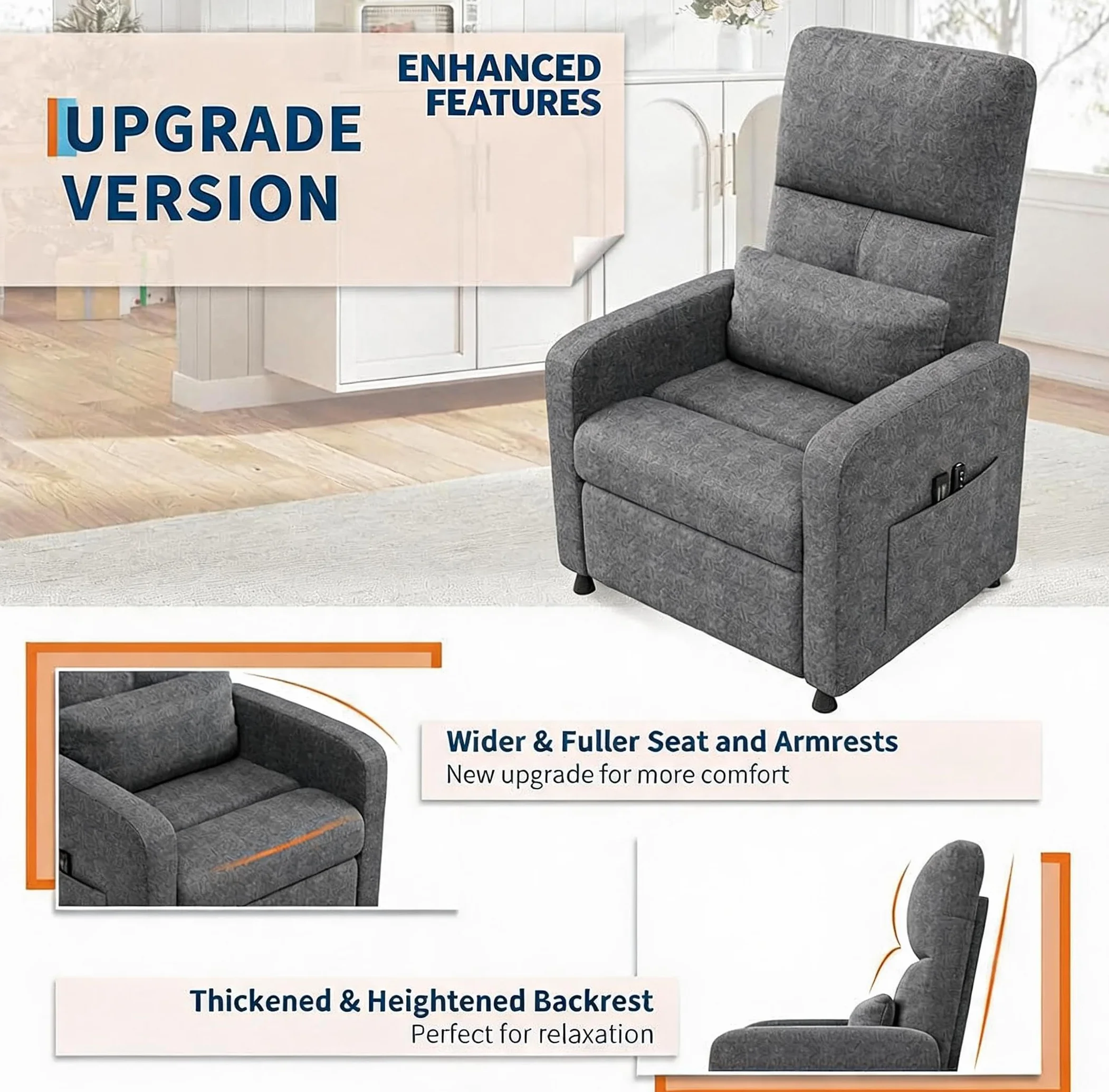 Sillón Reclinable Eléctrico con Masaje y Calor, Ergonómico con USB y Bolsillos