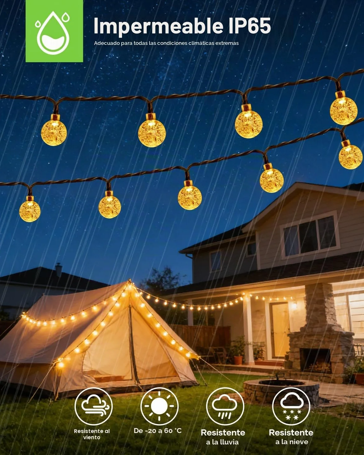 Suright Guirnaldas Luces Exterior Solar, 13M 60 LEDs, IP65 Impermeable, Cálido Blanco