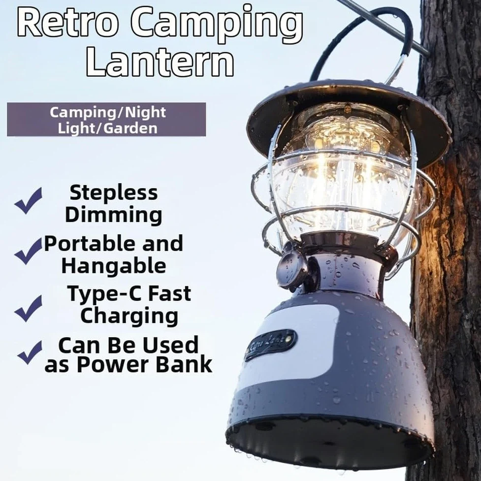 Eawfgtuw Linterna LED de camping con batería de 5200 mAh, luz de tienda regulable para senderismo al aire libre, banco de energía de puerto de carga rápida, lámpara de filamento retro, mango de gancho