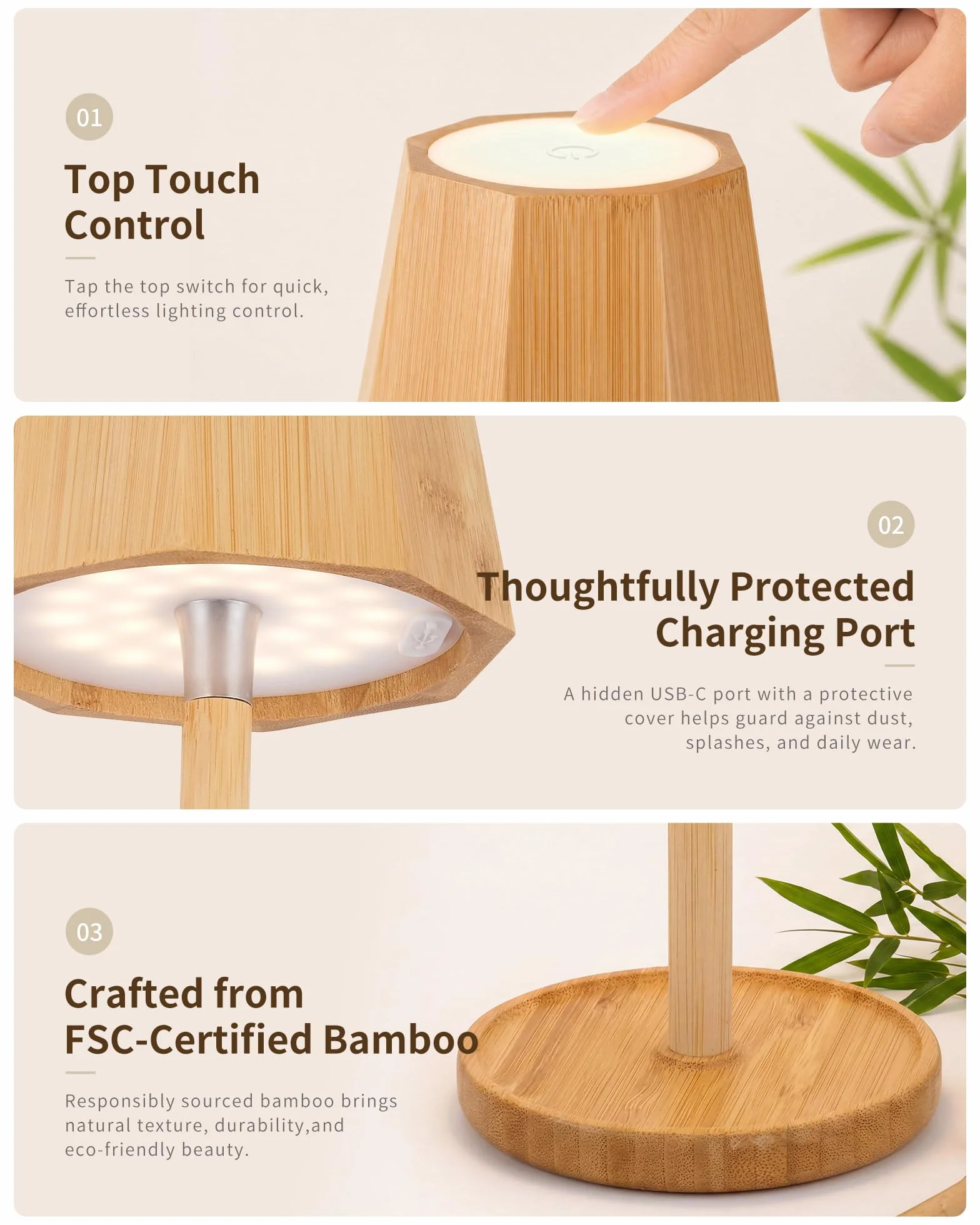 Lámpara LED de Mesa Inalámbrica Recargable Touch Dimmerable Bambú Impermeable BAMO TL12