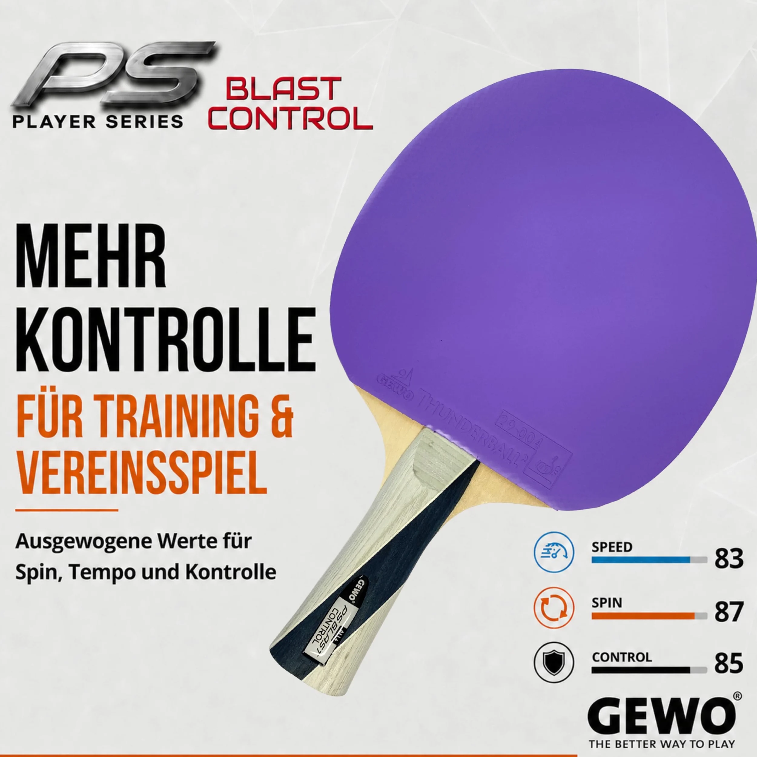 GEWO PS Blast Control - Raqueta de Ping Pong de Mesa Profesional aprobada por la ITTF con Revestimiento Thunderball 2 controlado y Altas propiedades de rotación, cóncava, Esponja de 1,8 mm