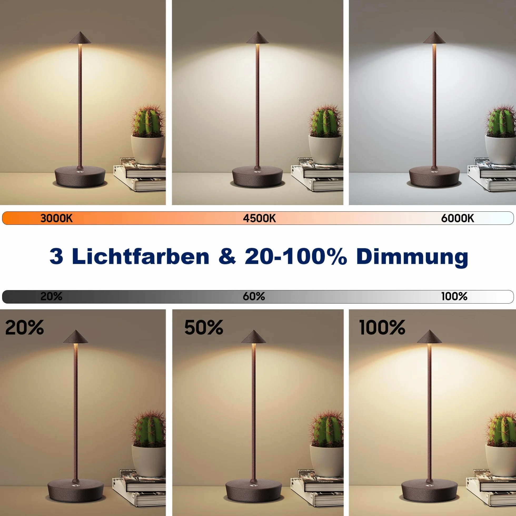 Lámpara de mesa inalámbrica LED recargable regulable 6000 mAh 3 modos de luz uso interior/exterior batería larga duración portátil USB-C lámpara de mesa (2X Color óxido)