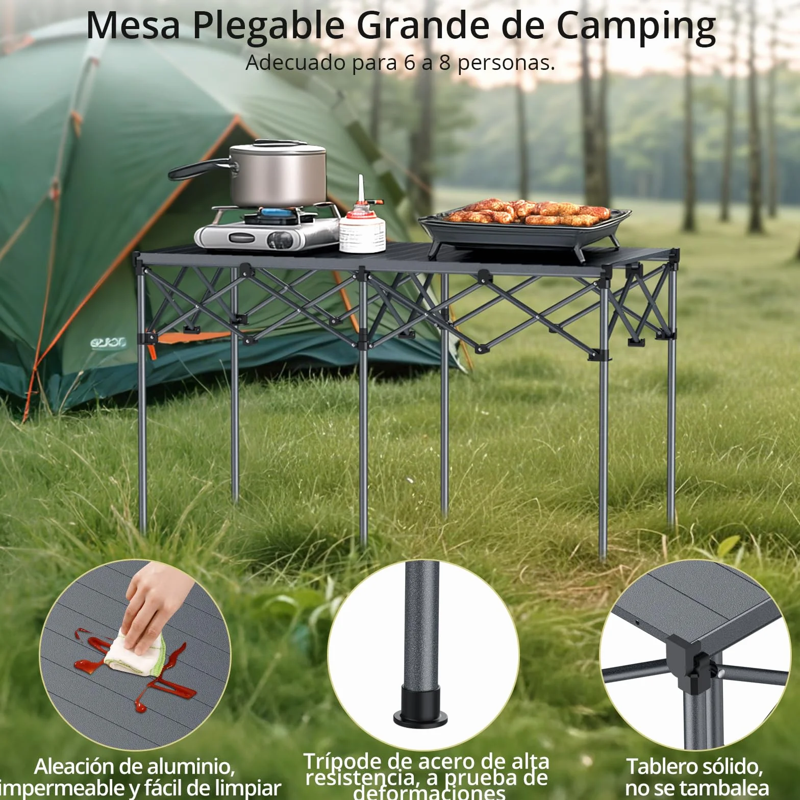 Anbte Mesa Camping Plegable 122 x 60 x 74 cm, Mesas de Acampada Portátil Aluminio Impermeable Capacidad de Carga 120 kg para Jardín, Terraza, Picnic,BBQ,Camping Negro