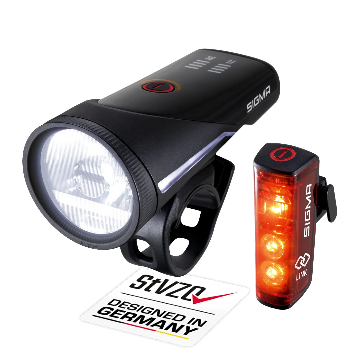 SIGMA Aura 100/Blaze Link kit de luces para bicicleta (soporte de silicona) | Innovadora función de acoplamiento Luz LED delantera para bicicleta de 100 lux | Luz trasera con función de luz de freno