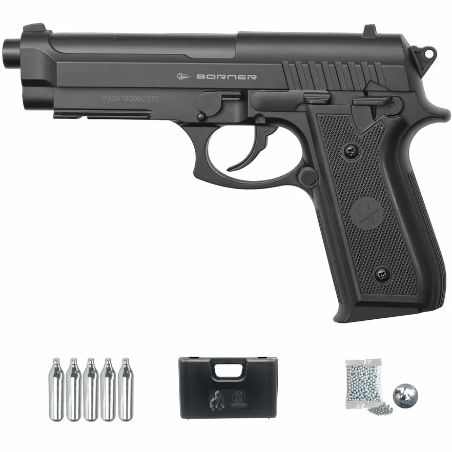 Pistola de balines Borner 92 | Arma semiautomática Calibre 4,5mm de Bolas de Acero BB's (perdigones BB's) Tipo Beretta 92 + maletín, CO2 y Bolas