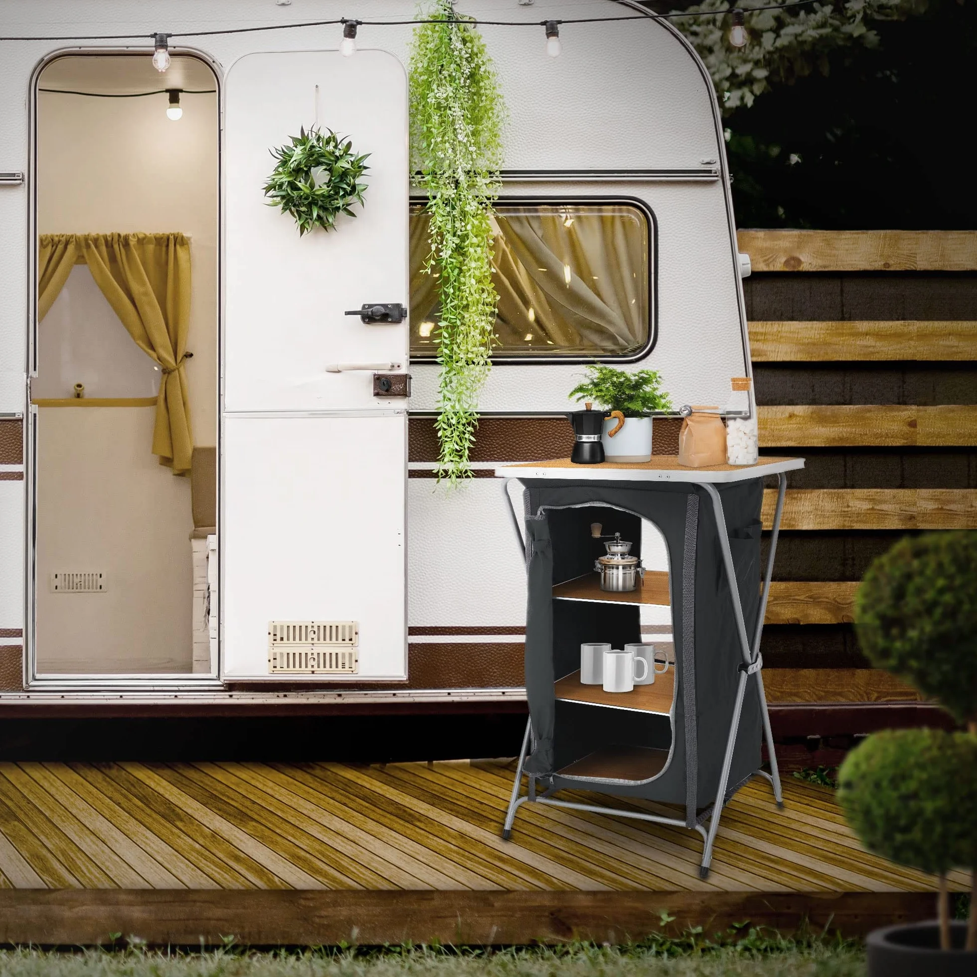 ECD Germany Armario de camping plegable, color gris y madera, 64 x 97,5 cm, con estructura de aluminio, caja de cocina portátil con encimera, 2/3 estantes y bolsa de transporte, armario plegable de tela