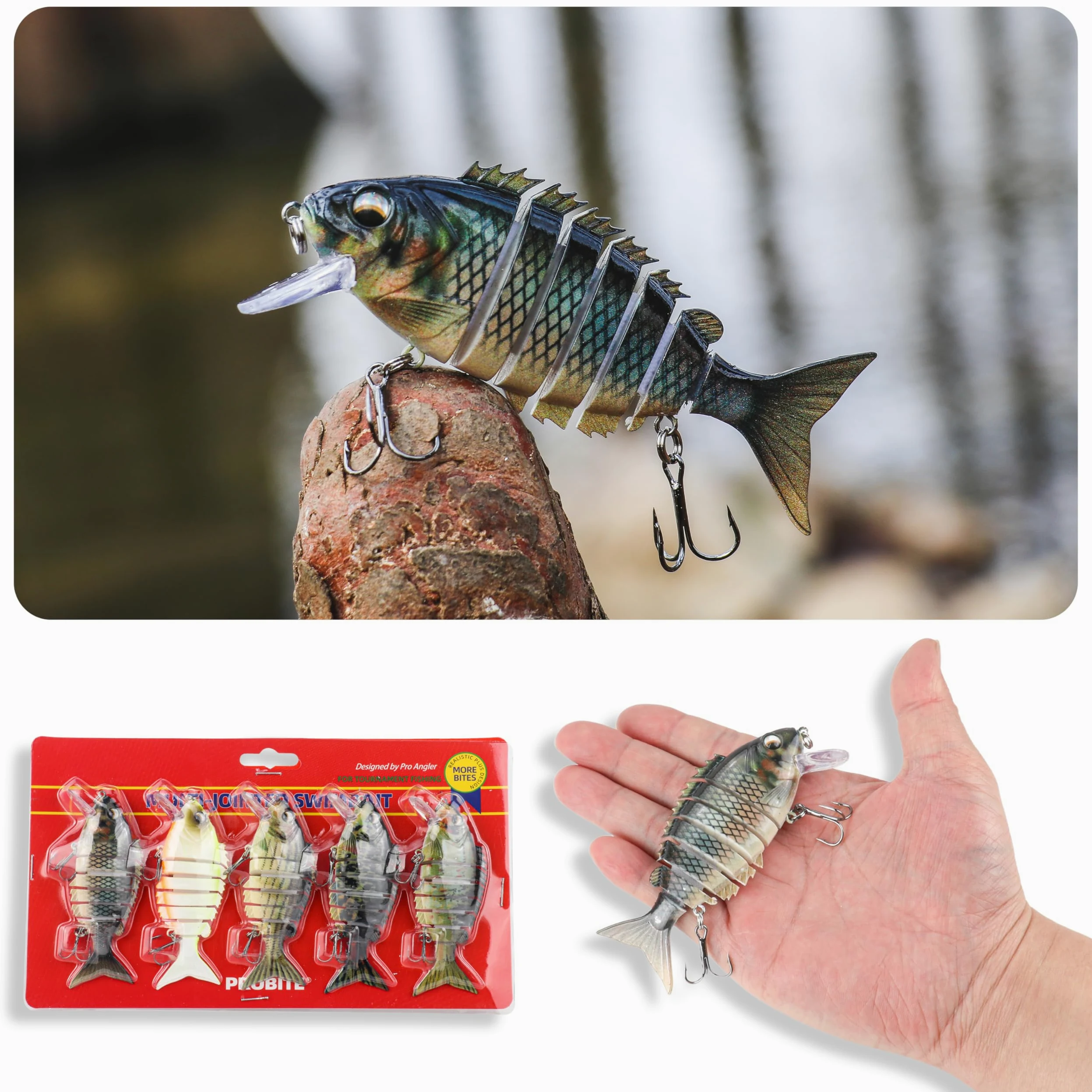 5 señuelos de pesca realistas: cebo multiarticulado para lubina, trucha, crappie, lucio, acción realista con ojos de pez 3D y ganchos afilados, perfecto para kits de pesca en agua salada y agua dulce