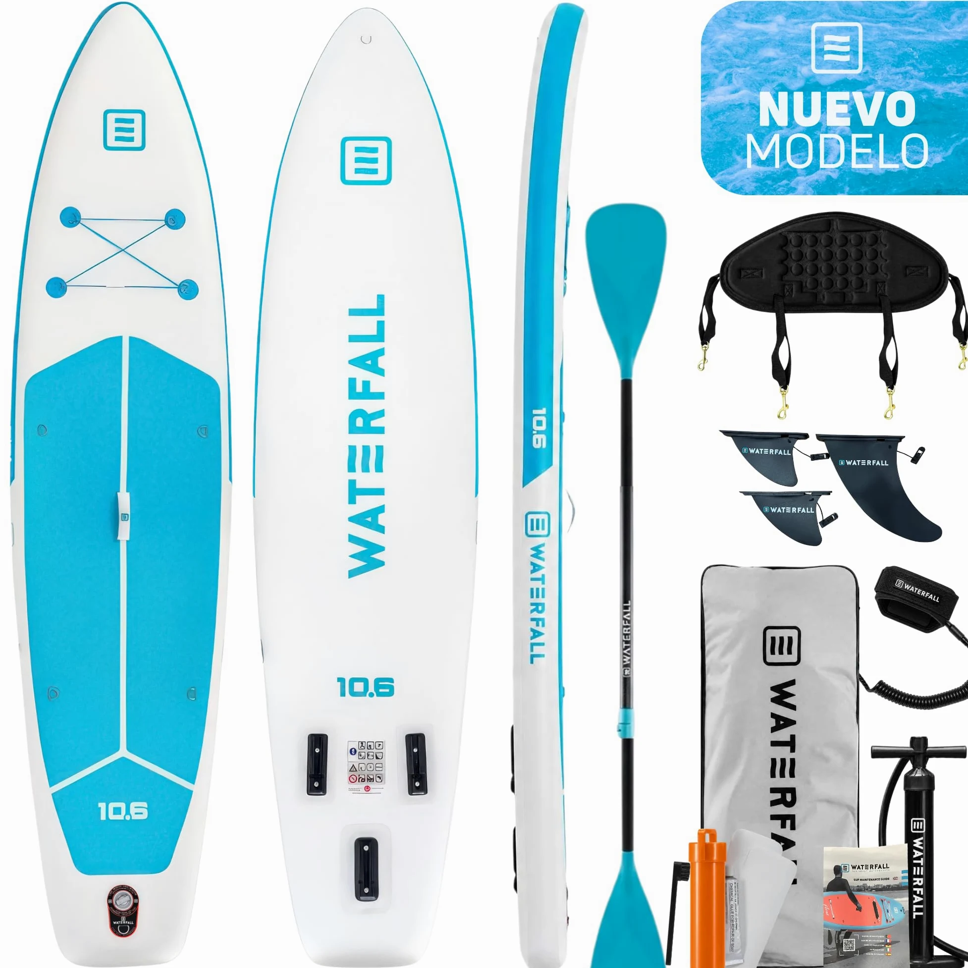 Waterfall Tabla Paddle Surf Hinchable Touring 10.6, Stand Up Paddle Board Sup Travesía Adultos, Jóvenes, Kit Accesorios, Remo, Mochila, Preinstalación Asiento Kayak, Estable, Ligera, 320x81x15cm