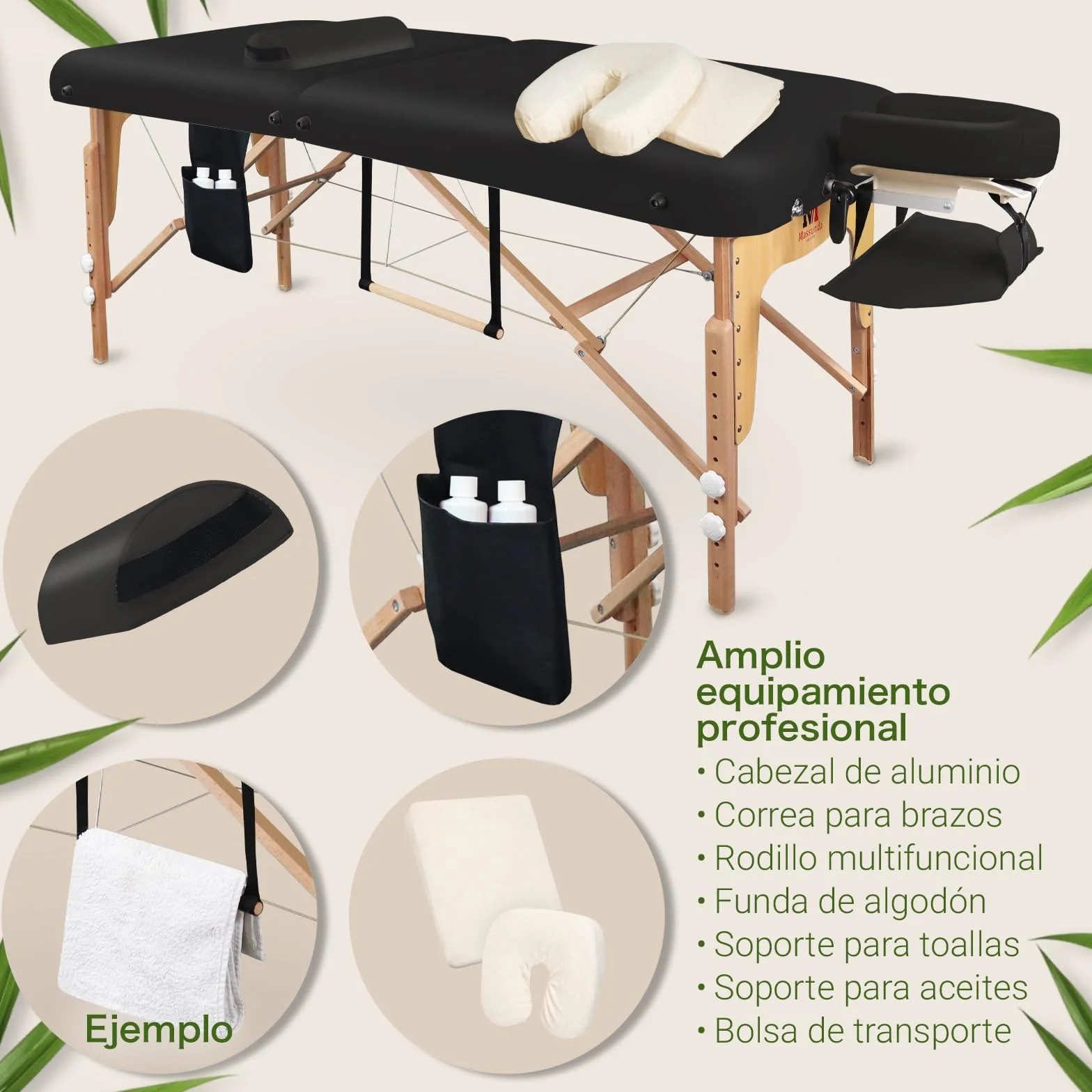 MASSUNDA Camilla Masaje Móvil Confort Deluxe Regulable en Altura Madera Maciza con Reposacabezas Ergonómico Negro