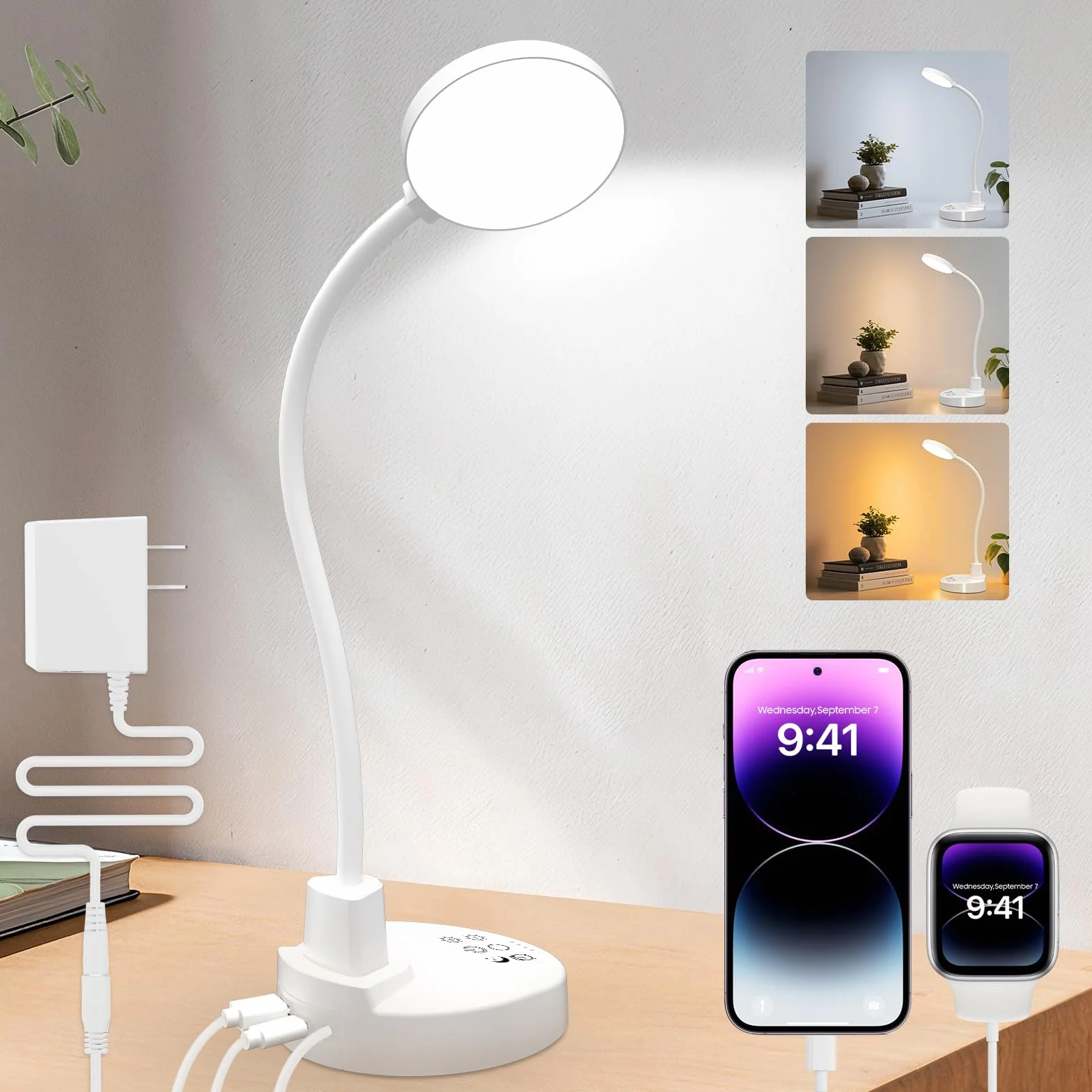 Lámpara de escritorio LED 15W regulable USB-A USB-C 3 temperaturas de color 5 niveles de brillo cuello cisne flexible 360° protección ojos