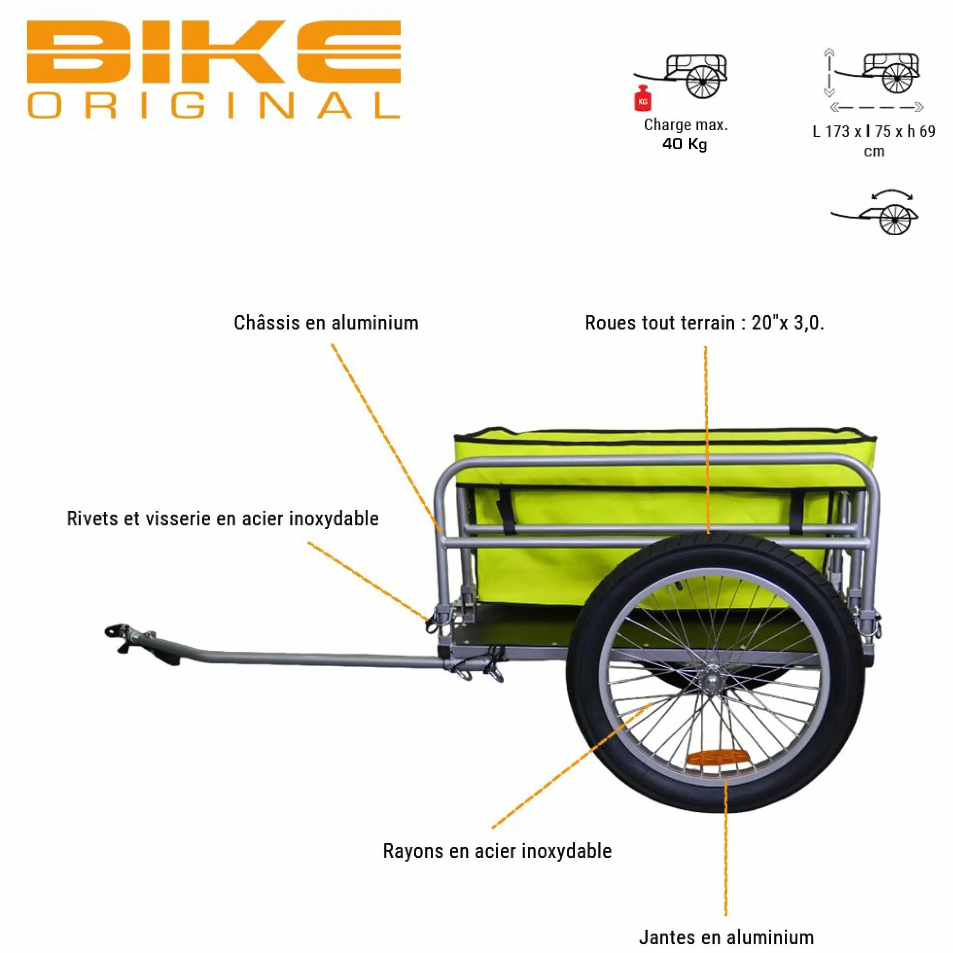 Bike Original – Remolque de bicicleta de playa – Aluminio plegable – Ruedas todoterreno de 20 pulgadas – Bolsa extraíble de gran capacidad – Carga máxima 60 kg – Fijación sobre eje rueda – Reflectores