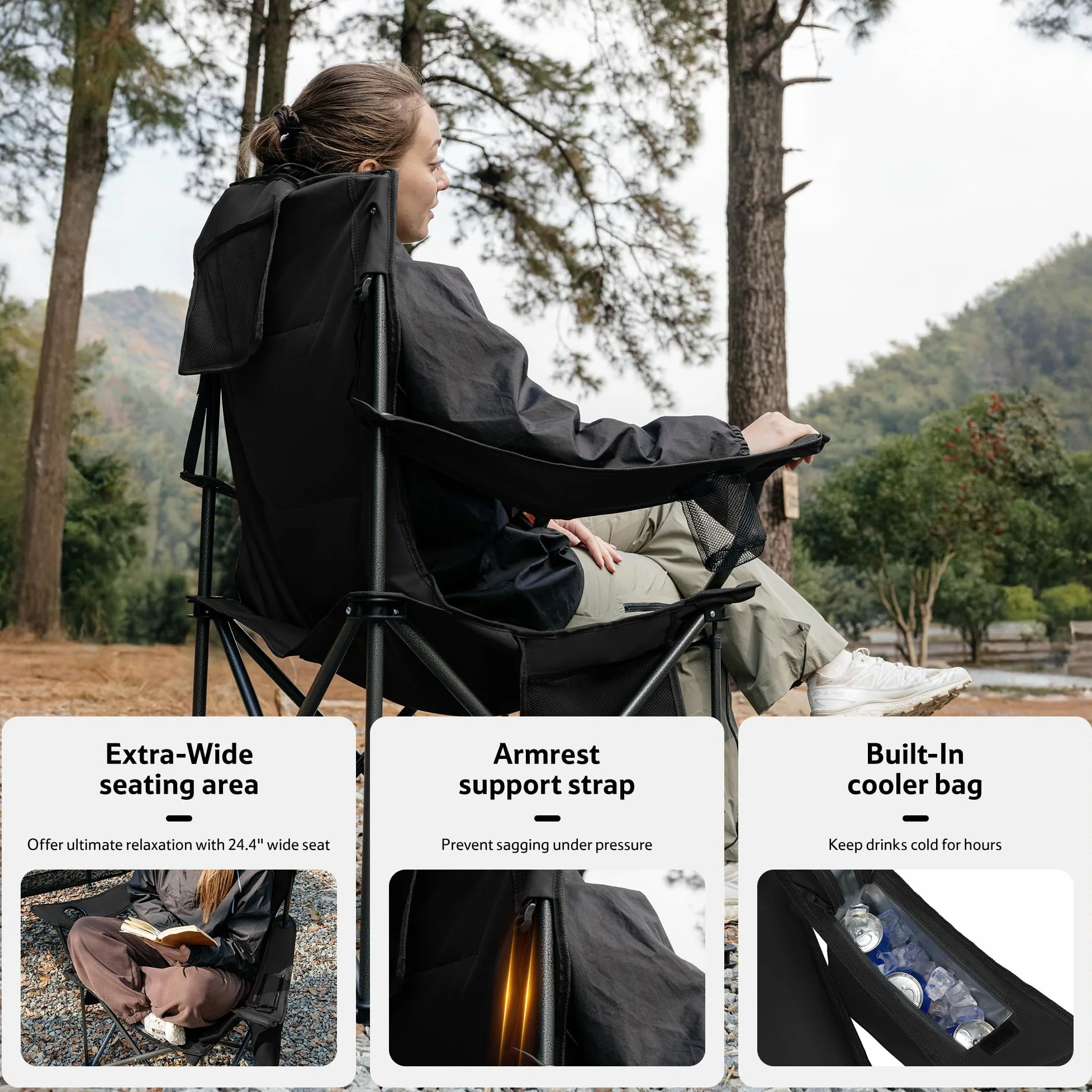Naturehike 2 sillas de camping portátiles plegables de 200 kg, acolchadas, con soporte para bebidas, silla de pesca, pícnic, jardín, exterior, playa (negro)