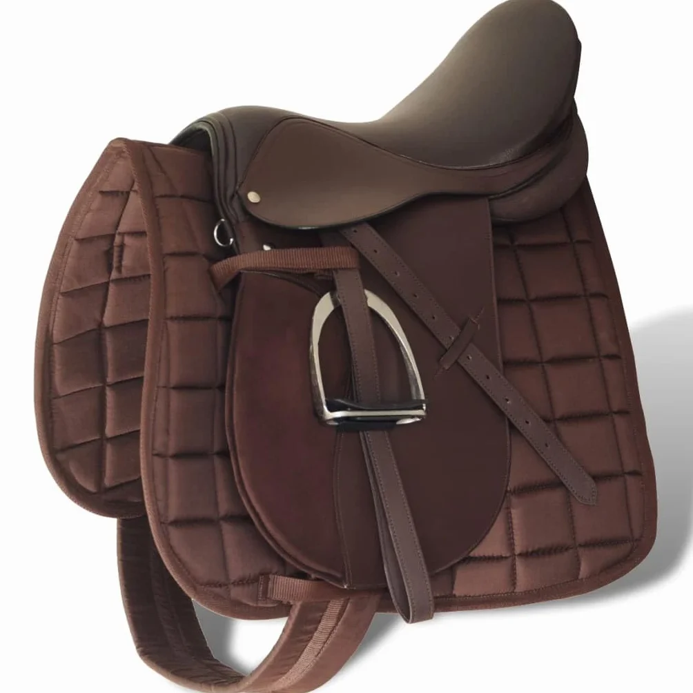 Juego de sillín para montar a caballo, piel auténtica, color negro, ancho de cámara, con cubierta para sillín, estribo, correa para entrenamiento, senderismo y terreno