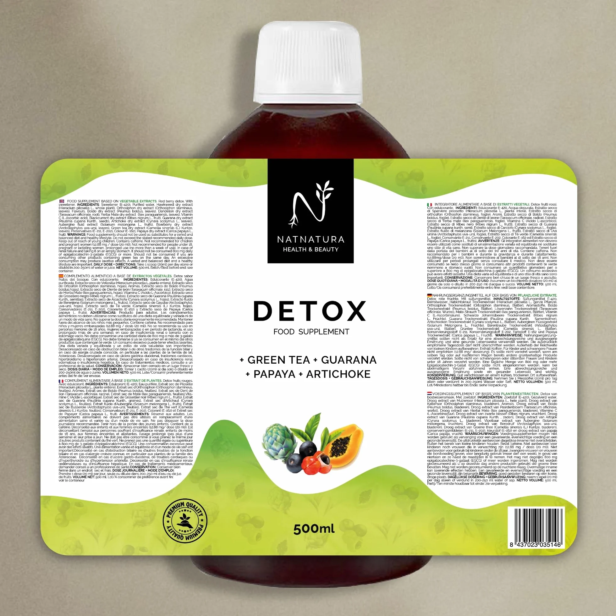 Natnatura Health & Beauty Detox Jarabe 500 ml Complemento alimenticio líquido Sabor frutos rojos Vegano sin gluten