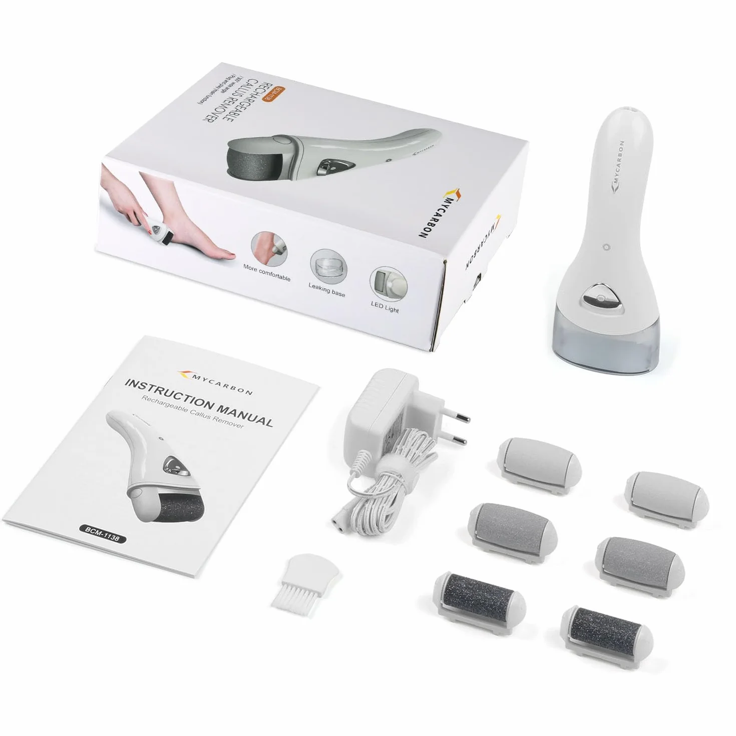 MYCARBON Lima Elétrica de Pies Recargable Profesional Pedicura Eliminar Durezas Callosidades con Recambios Blanco